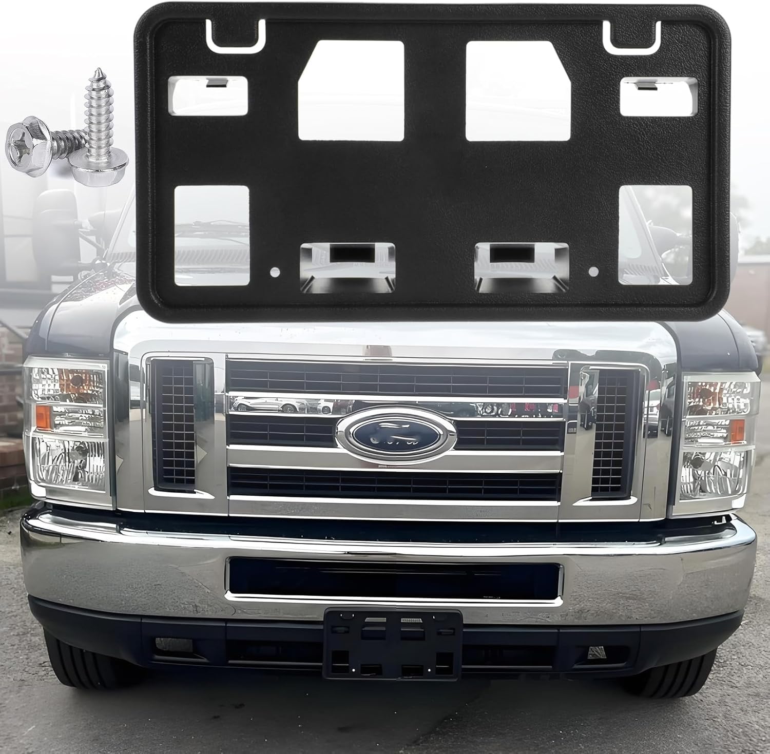 Front License Plate Frame Compatible with 2008-2014 Ford E-150 / E-250, 2008-2024 Ford E-350 Super Duty/E-450 Super Duty Front Bumper License Plate Holder Mounting Bracket Replace # 8C2Z17A385AA