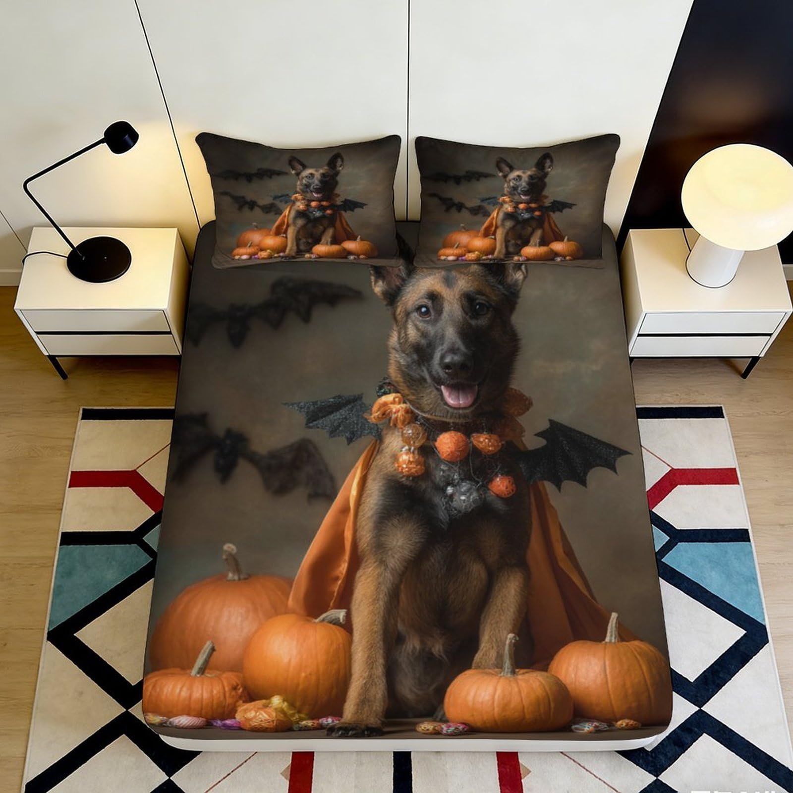 3D Printed Halloween Dog Fitted Sheet Microfiber Pumpkin Bat Bed Cover for Bedroom Guest Room Easy Care Decor 90x200x25cm