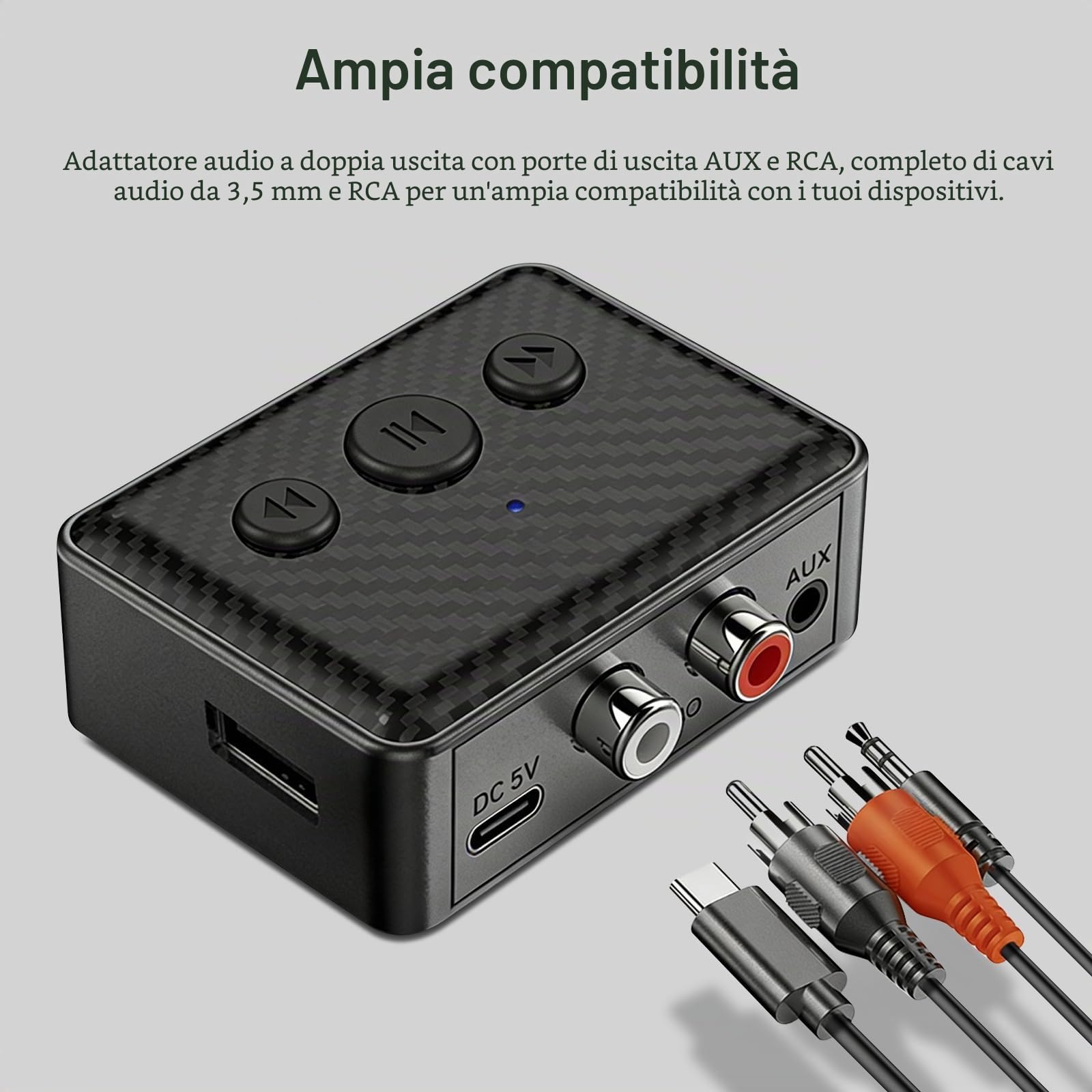 Ricevitore Audio Bluetooth 5.4,Adattatore Bluetooth con Uscita RCA/AUX Jack 3,5mm e Controllo Volume,Supporto USB,Ricevitore Bluetooth per Auto & sistema stereo in streaming di musica domestica, HiFi