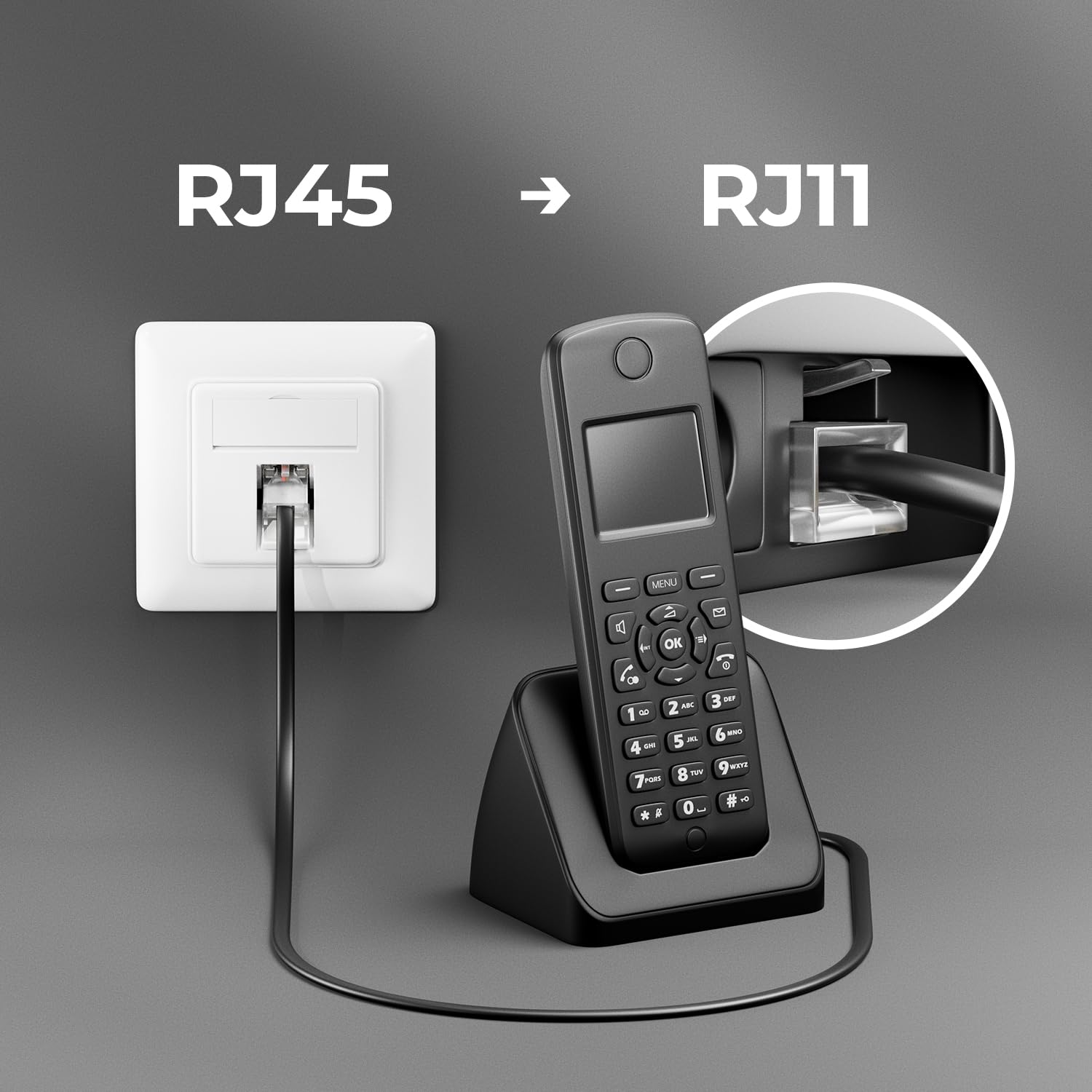 deleyCON 1m Câble Téléphone RJ11 vers RJ45 Modulaire plat Noir