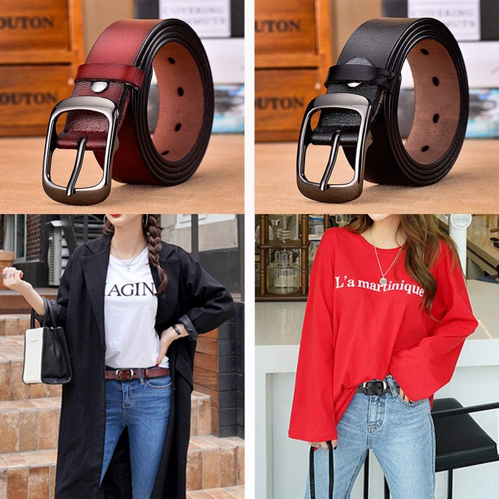 Women's Belt Genuine Leather Belt with Single Prong Alloy Buckle Red Black Brown - Image 5