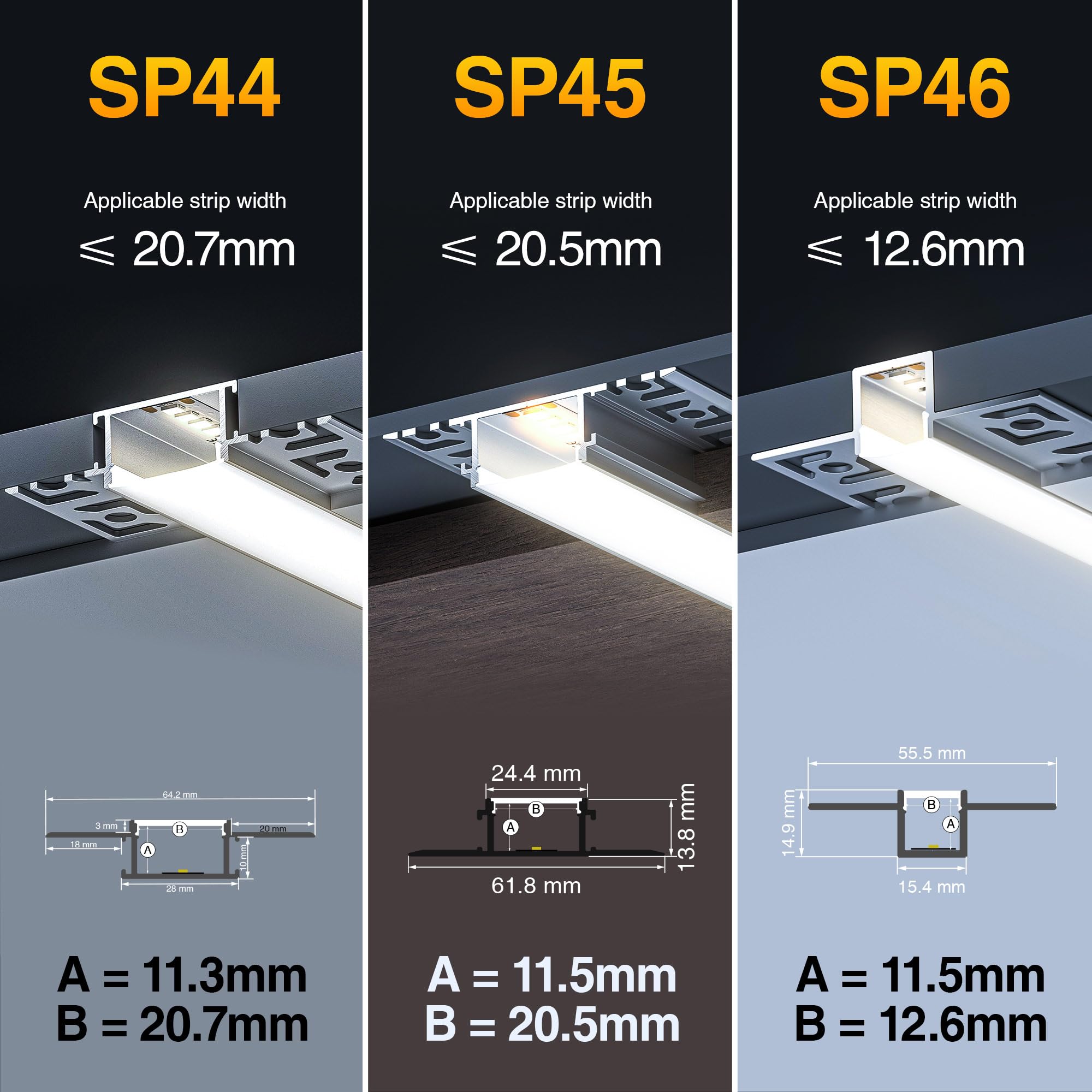 6 x LED Aluminium Profil 2 m (12 m) Led Trockenbau Profil led fliesenprofil für als 20 mm oder Dual Led Streifen/Led Leisten/Led Profil, with Milchig Weißer Abdeckung Endkappen - 55,5 x 14,9 mm