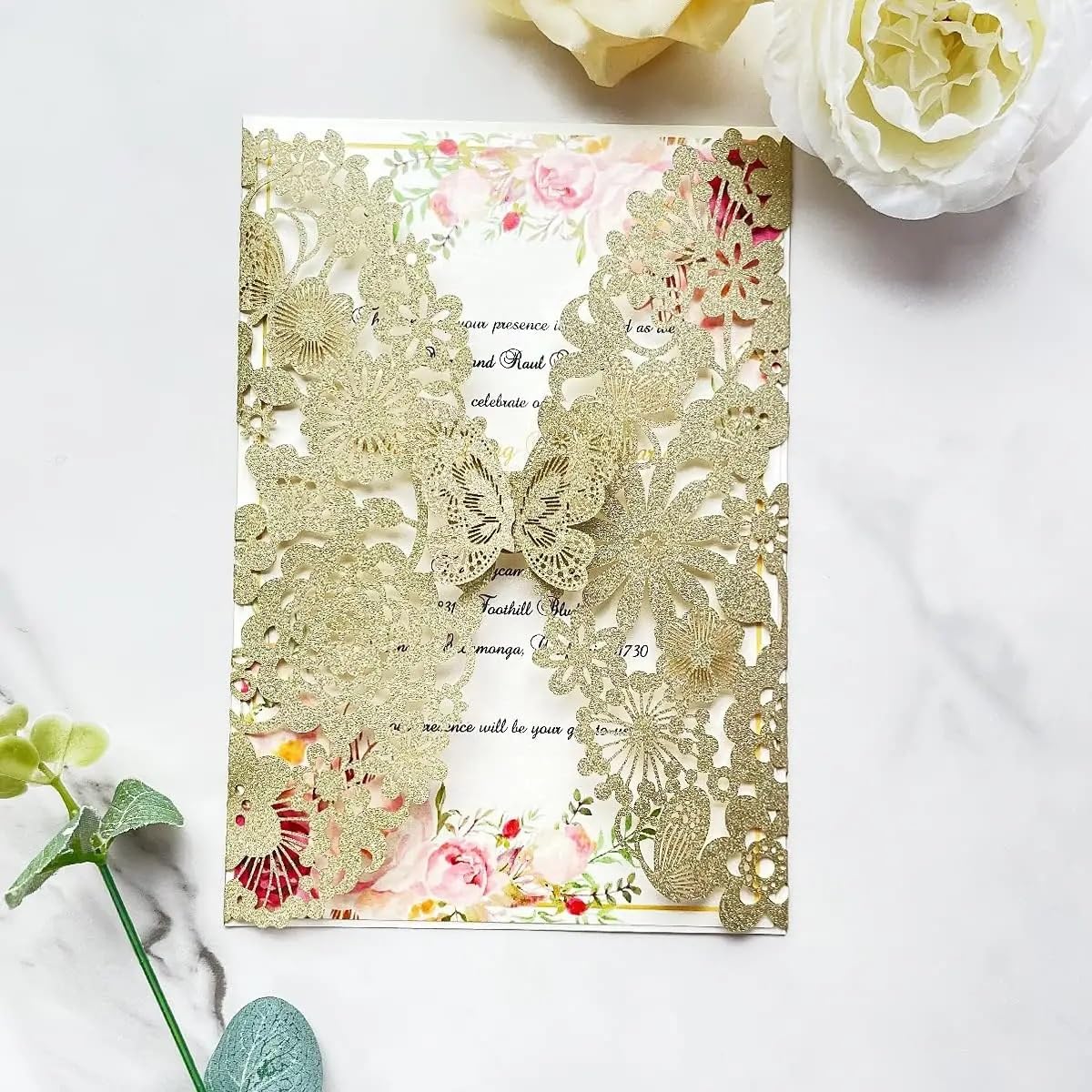Inviti Matrimonio 5,12 X 7,3'' 50 pezzi Champagne Flora biglietti d'invito for matrimonio con farfalla e buste(Champagne Glitter)