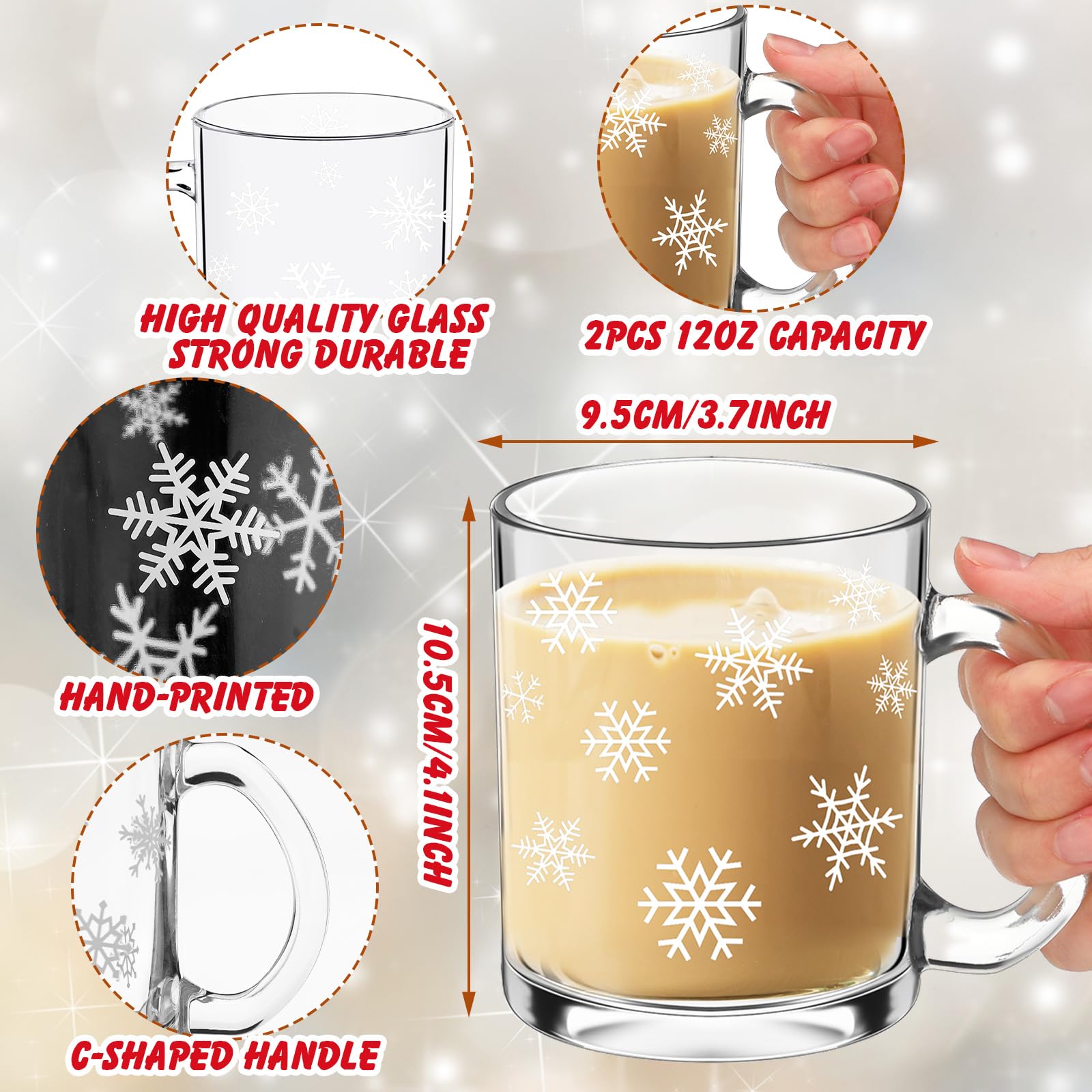 Tioncy 2 x Kaffeetassen mit Weihnachtsschneeflocke, Glas, mit Griff, 340 ml, Weihnachtsschneeflocke, Glasbecher, Winterurlaubstassen für Weihnachten, Zuhause, Büro, Geschenke