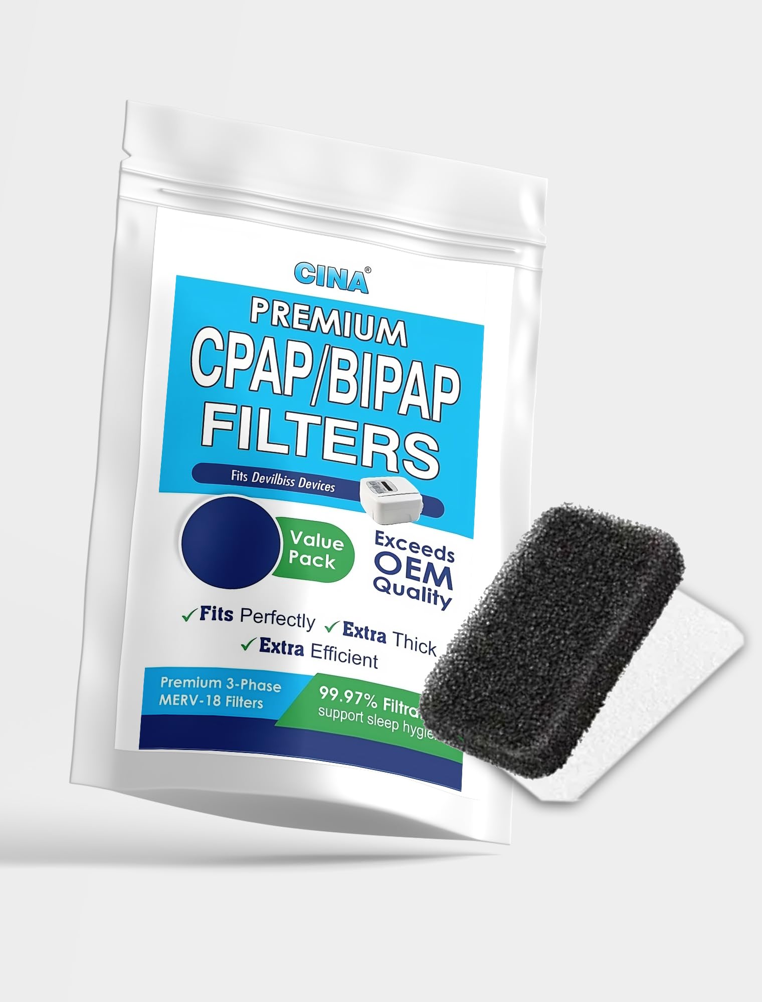 CINA® DEVILBISS FILTER CPAP AND BIPAP (1 DISPOSABLE ULTRA-FINE FILTER AND 1 REUSABLE FOAM IN A PACK)