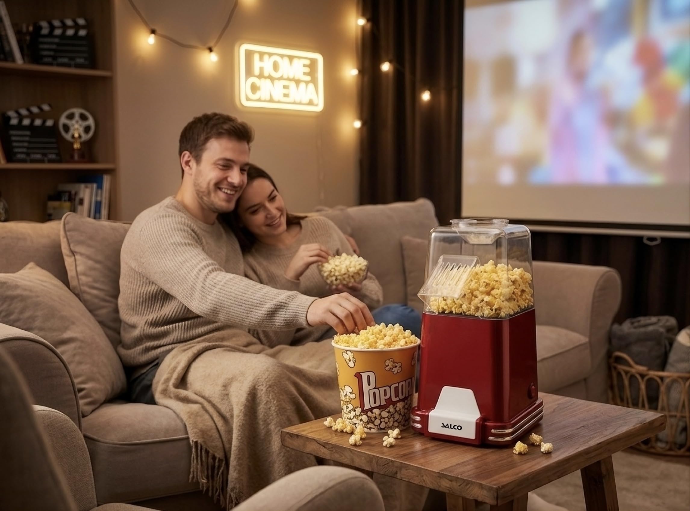 Salco Máquina de Palomitas | Retro Popcorn Maker con diseño años 50 | Tecnología de aire caliente | Sin aceite y sin grasa | 1100W | Preparación rápida | Rojo