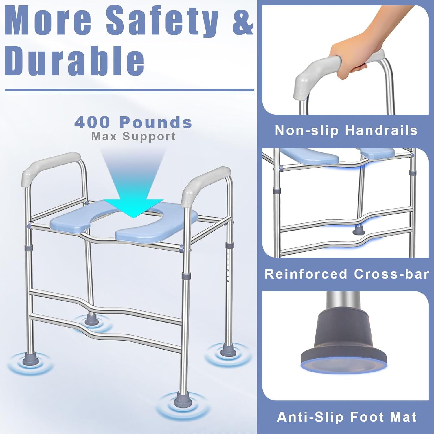 Toilet Seat Riser for Seniors, Raised Commode Chair for Toilet with arms, Adjustable 18–22 Inch Height,400 lb Handicap Elevated Toilet Seat, Fits V, U and Round Toilets.