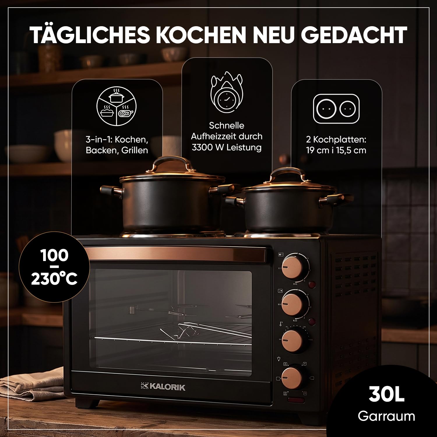 Kalorik - Minibackofen - Kochplatten 2er Elektrisch - mini Backofen 30 Liter - 2-in-1 Backofen und Kochfeld für vielseitiges Kochen und Backen, mit Umluft & Drehspieß, 3300 W, Schwarz Kupferakzent