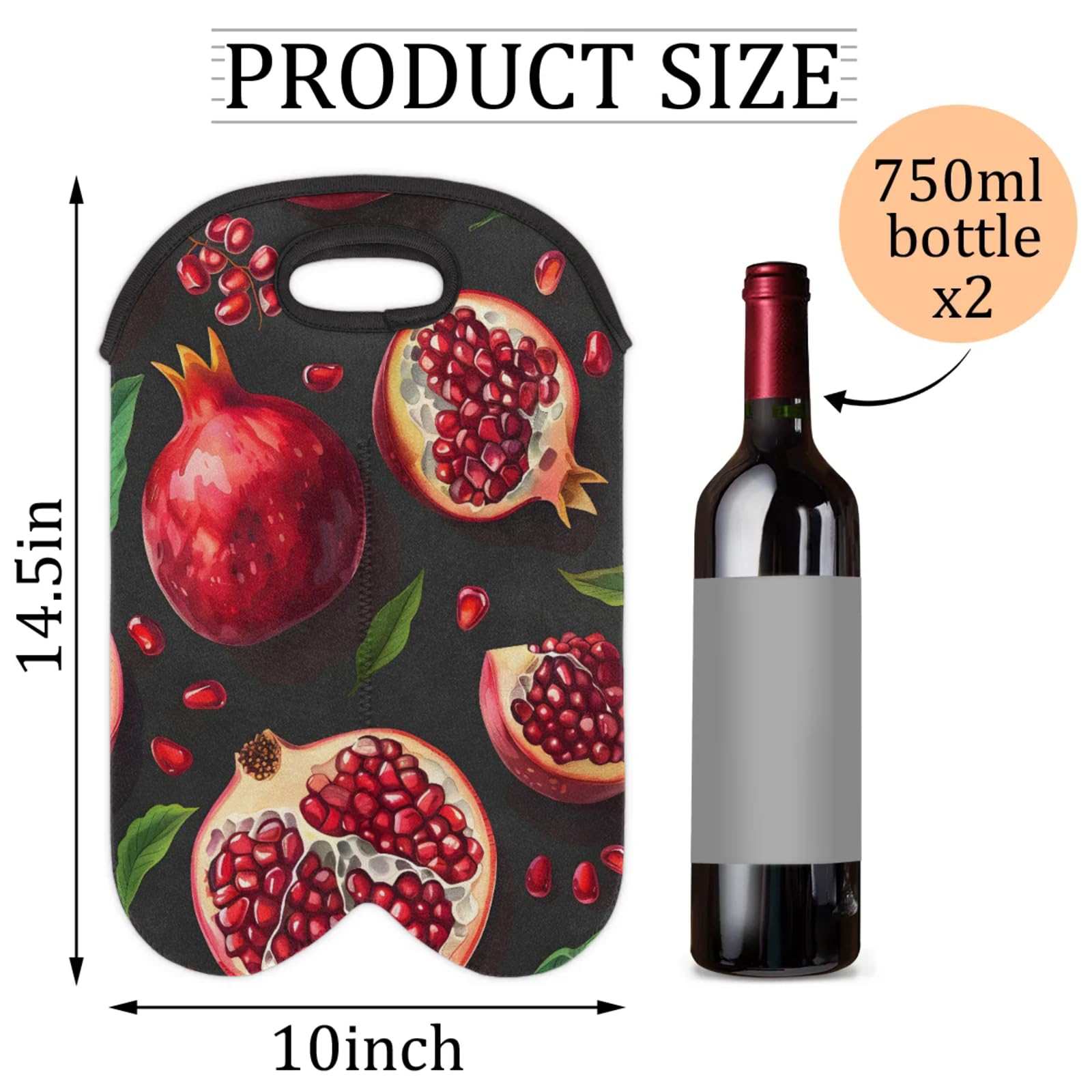 GzLeyigou 2 Bottles Fruit Pomegranate Wine Bag Sleeve Totes Neoprene Protective Wine Carrier Bag for Wine,Water, Champagne, Beer, Baby Bottles,Gift 14.5 x 10 Inches