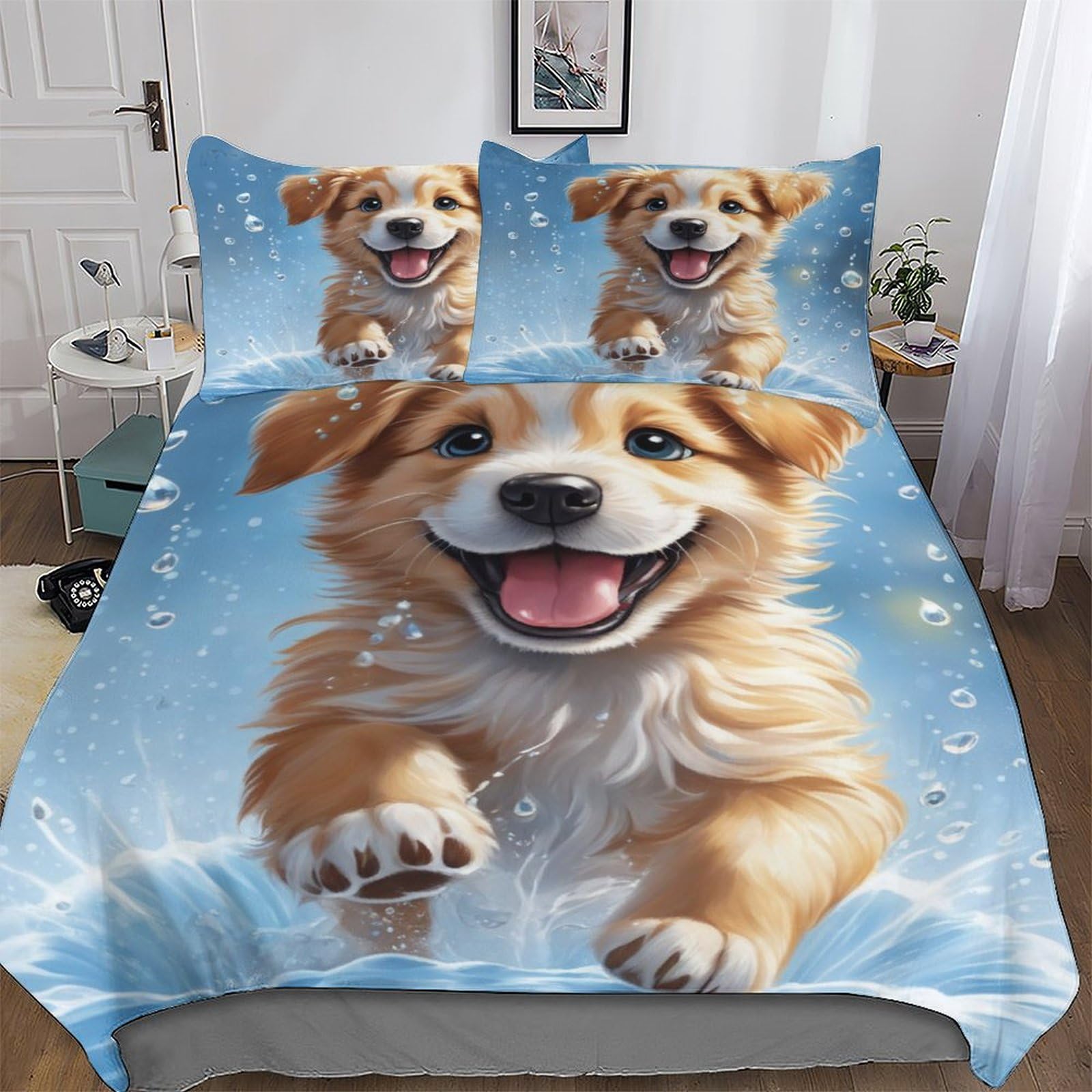 Cute Dog Bedding Set for Girls Boys Adults Comforter Cover Soft Duvet Cover Room Decor Bedspread Cover 2 PCs Set Hypoallergenic Microfiber Poly Cotton Quilt Cover Single (135x200cm)