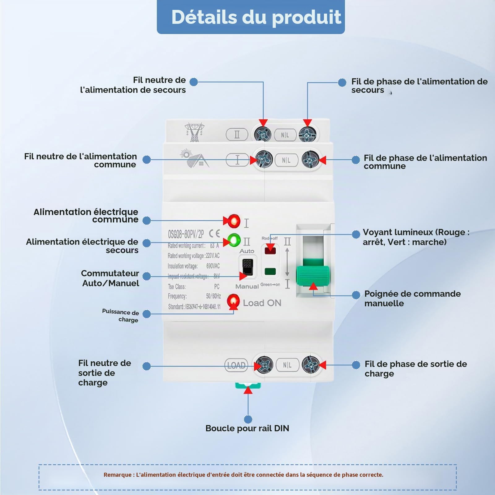 Inverseur de Source Automatique 63A 2P, Inverseur de Source monophasé 63A, Inverseur de Source, ATS 220V DIN – Commutation <50ms, Boîtier ignifugé, pour générateur et onduleur