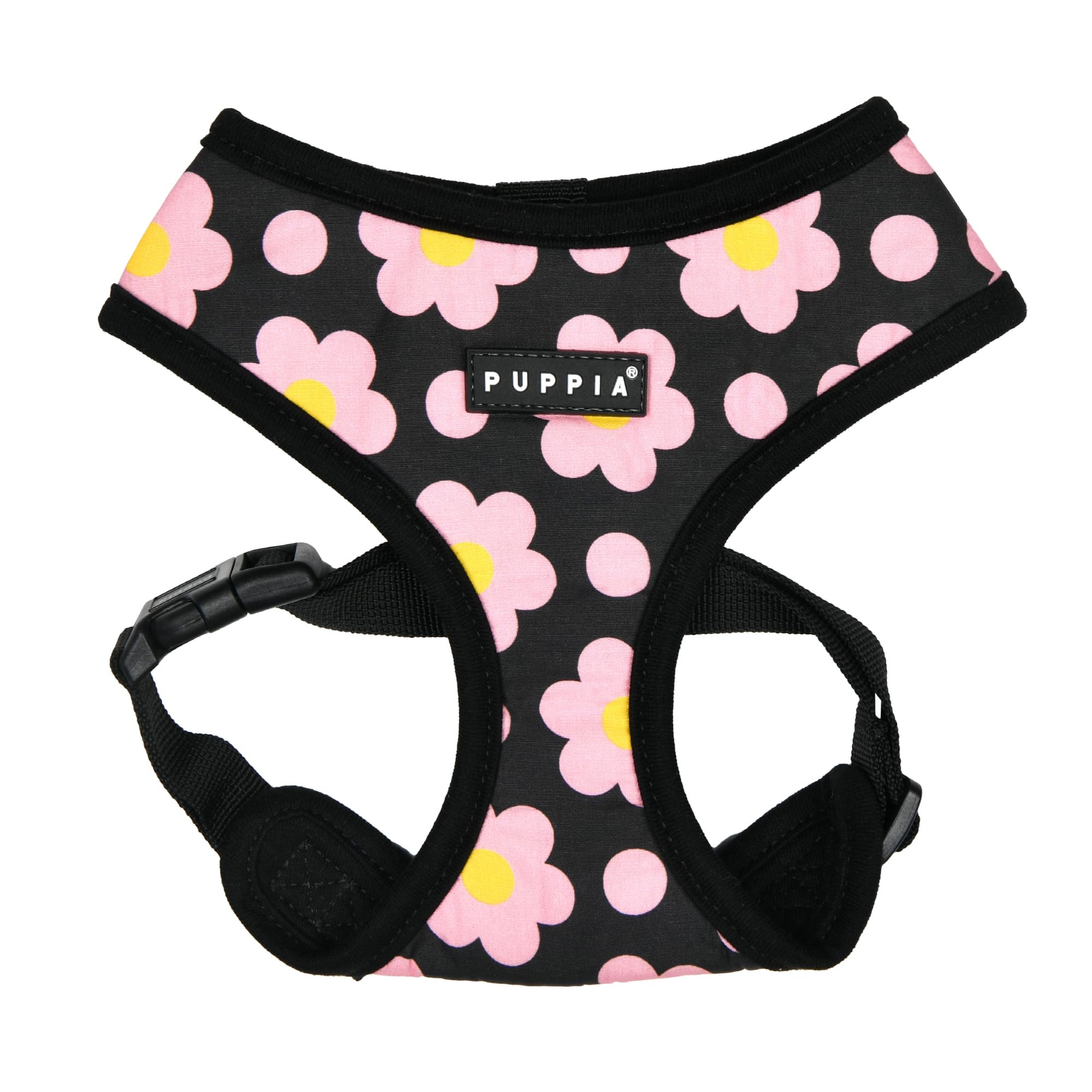 Puppia Bacopas Dog Running Harness A (Over-The-Head) Fashionable Flower Pattern Spring Summer Harness for Small and Medium Dogs, Black, X-Large