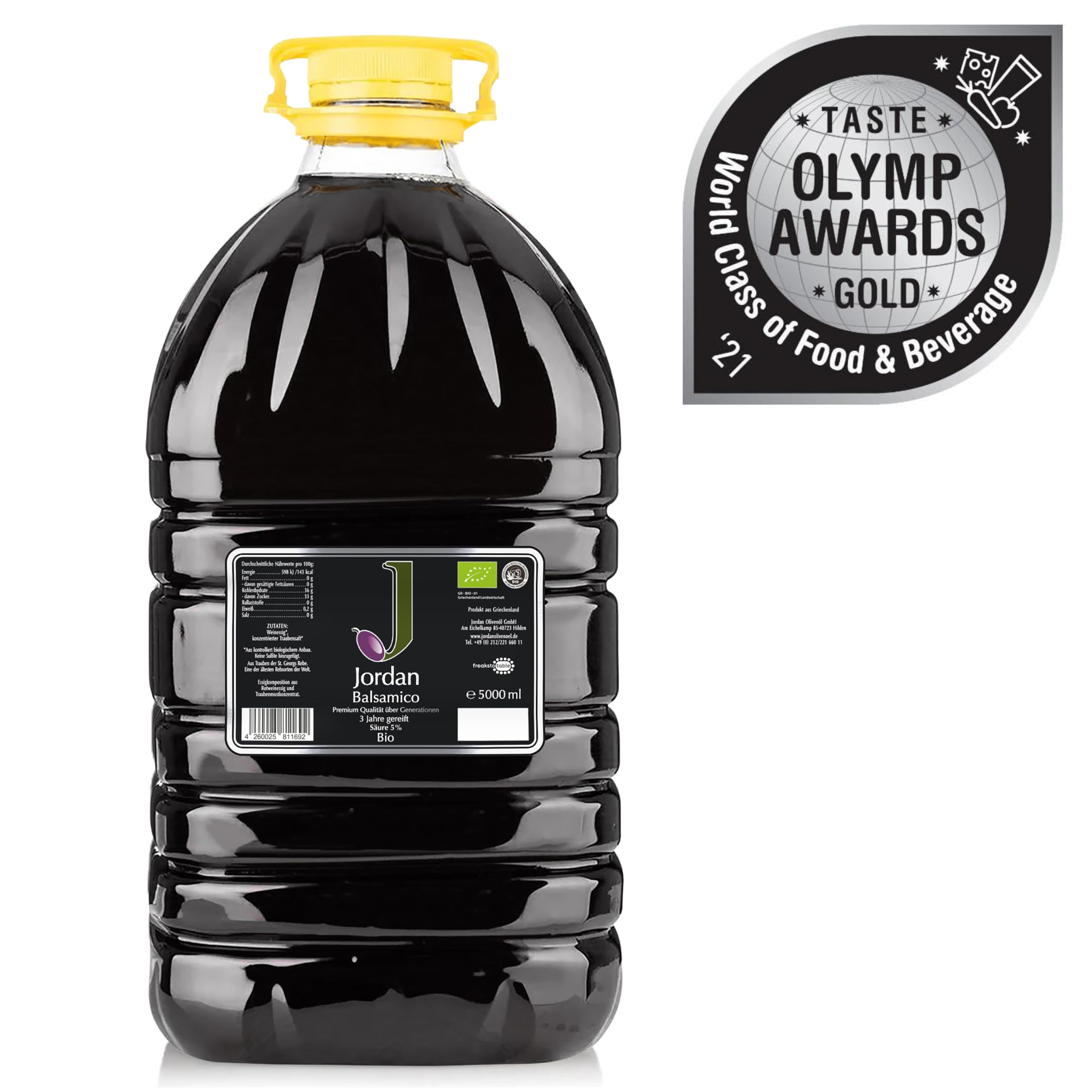 Jordan Olivenöl Bio Balsamico Essig – 3 Jahre im französischen Eichenfass gereift, Agiorgitiko, ohne Zusatzstoffe & zugesetzte Sulfite, vegan, GR-BIO-01 – 5000 ml Kanister