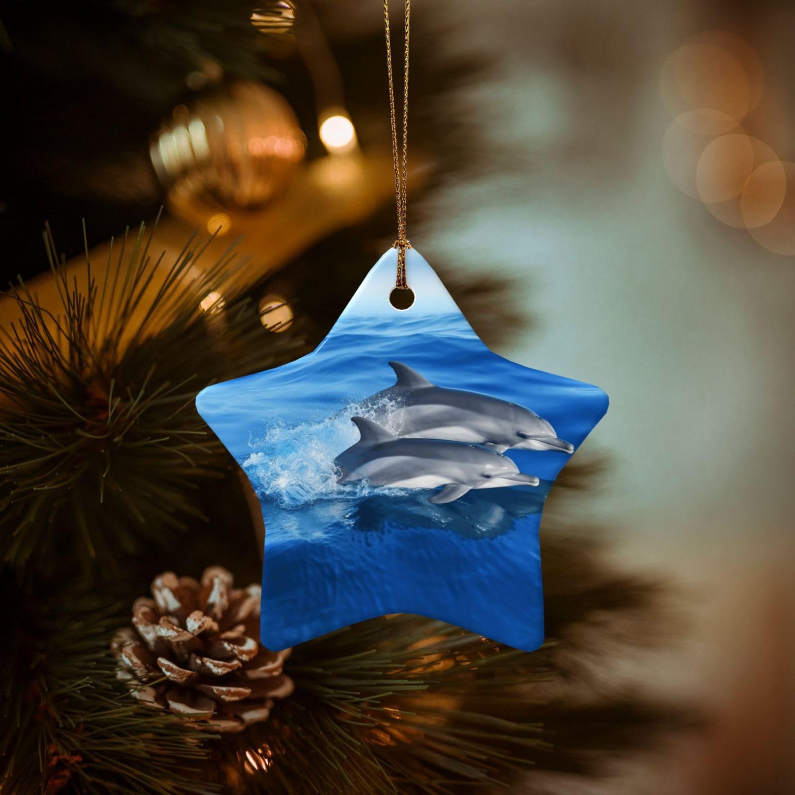Christmas Ornaments for Christmas Tree Decoration Hanging Dolphin Family Ornament with Gold Ribbon Crafts Star Shape Ceramic Pendant for Keepsake Gifts Xmas Decor Party Supplies