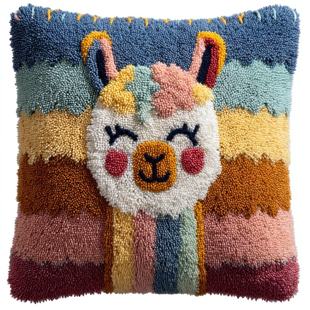 Henypt DIY Latch Hook Cushion Kit 43x43cm,Animal Alpaca Complete Needlecraft Set with Pre-Cut Yarn & Tools,Creative Home Decor Gift for All Ages