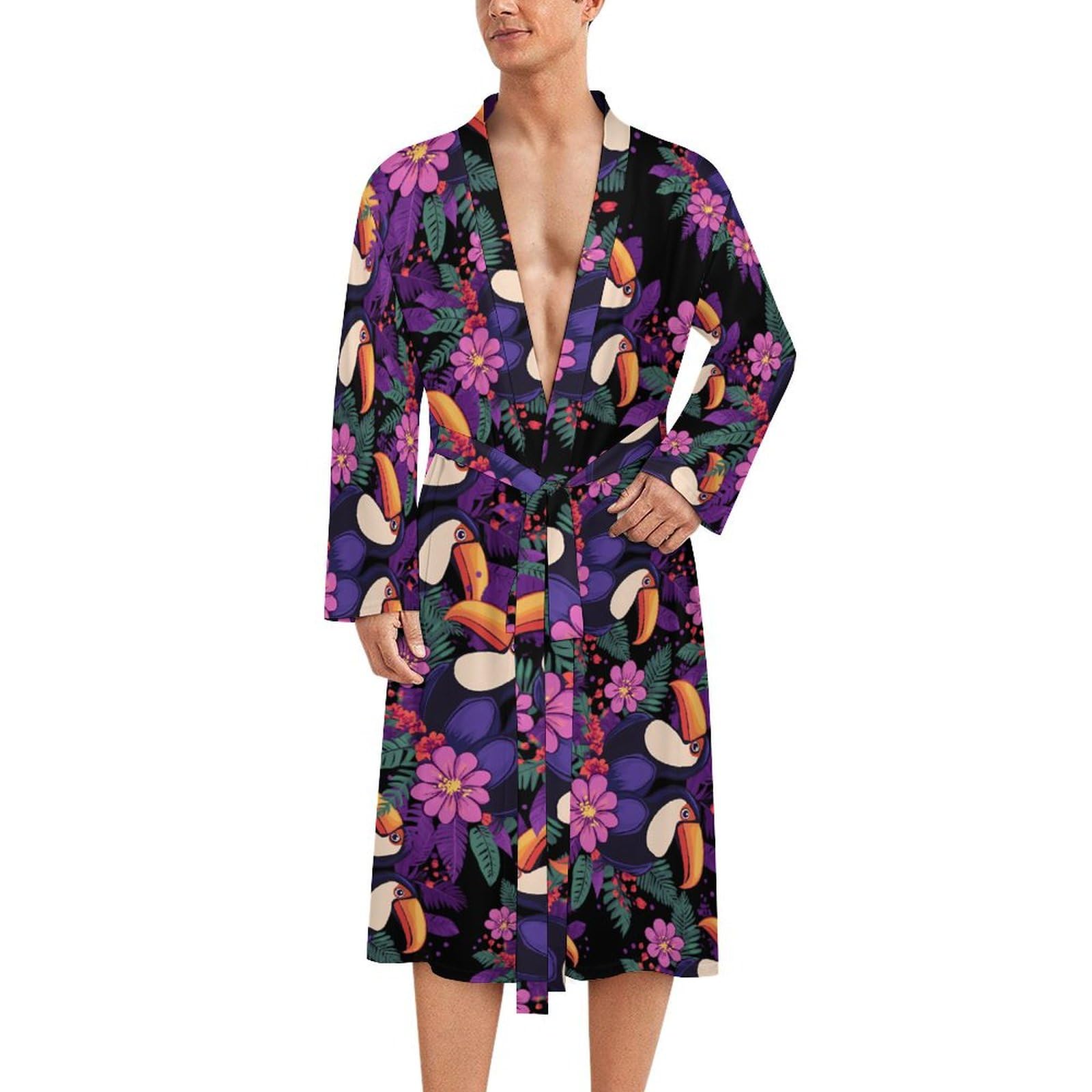 Fwjzdsp Unisex As Pic Two Toucans With Flowers Mens Robe Long Sleeve Bathrobe Lightweight Nightgown Sleepwear For Spa Shower