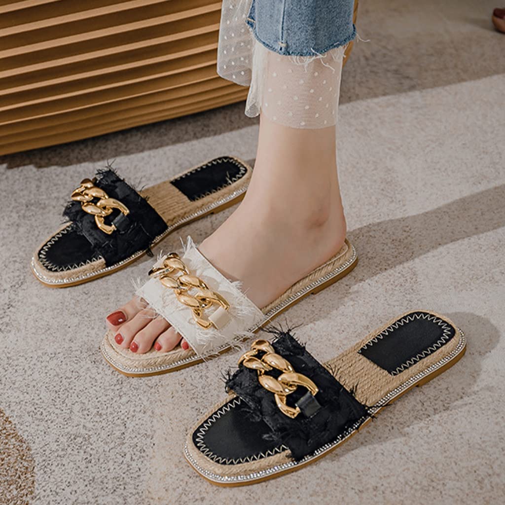 Pantofole da Spiaggia Estive in Lino da Donna, Sandali Piatti da Donna, Pantofole Leggere Antiscivolo da Donna per Interni ed Esterni Pantofole in Pelle Traspirante A Punta Aperta (Color : Black, Size