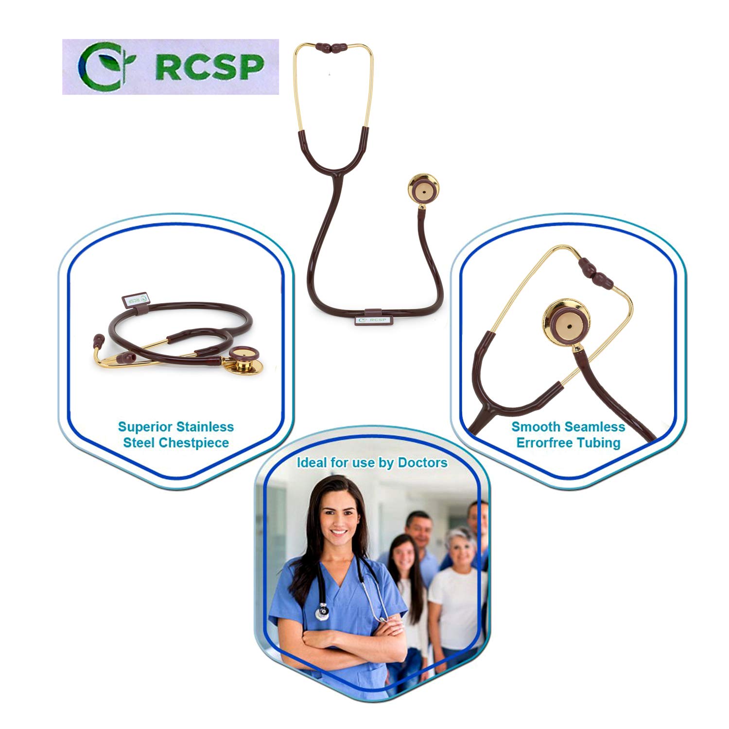 RCSP Stethoscope For Medical And Home Classic Lightweight Design Stethoscope For Adult, Gift for Nurses, Doctors Gold Jointless Tube & Soft Sealing Ear Knobs 2