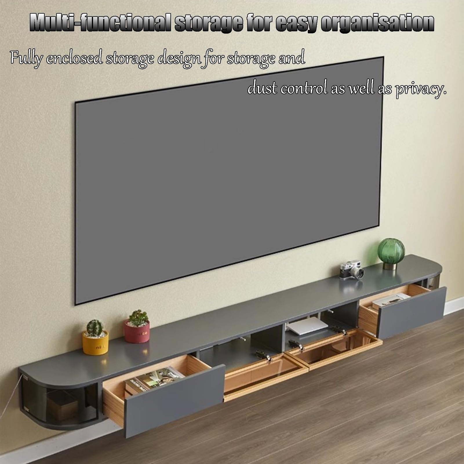 Mobile TV sospeso da parete, console multimediale minimalista con ampio spazio per soggiorno e camera da letto, elegante design grigio, soluzione salvaspazio da 200 cm