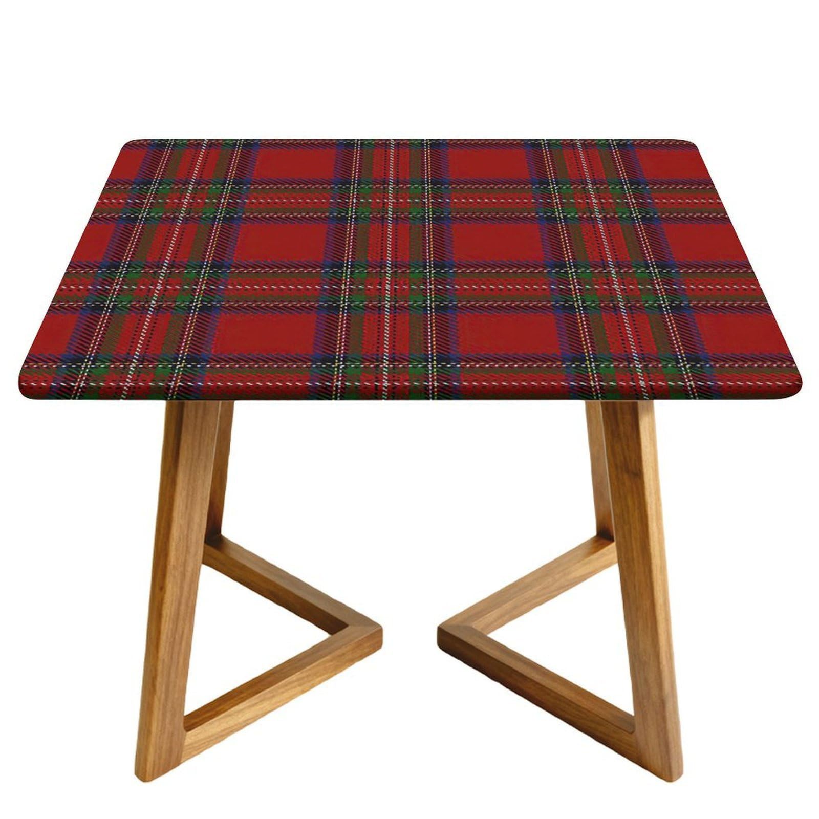 Highdi Waterproof Square Tablecloth Cover - Oxford Cloth - Elastic Fitted for Kitchen/Garden Rectangular Tables, Stain-Resistant Wipe-Clean Plaid Printed Table Cover (Burgundy,100cm)