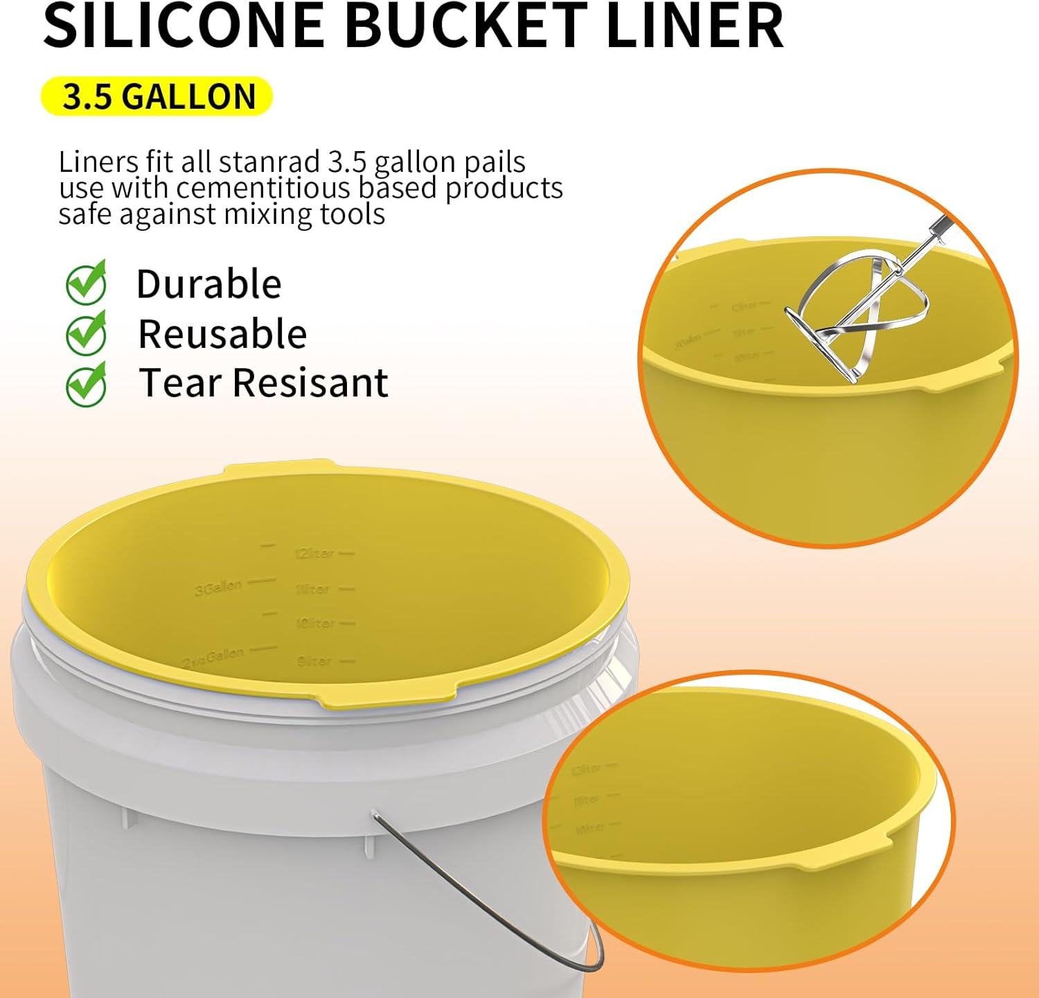 3.5 Gallon Silicone Bucket Liner - Reusable Mixing Liner for Concrete, Mortar, Grout, Paint, Food Grade Non-Stick, Easy to Clean & Durable (Yellow, 3.5 Gallon)