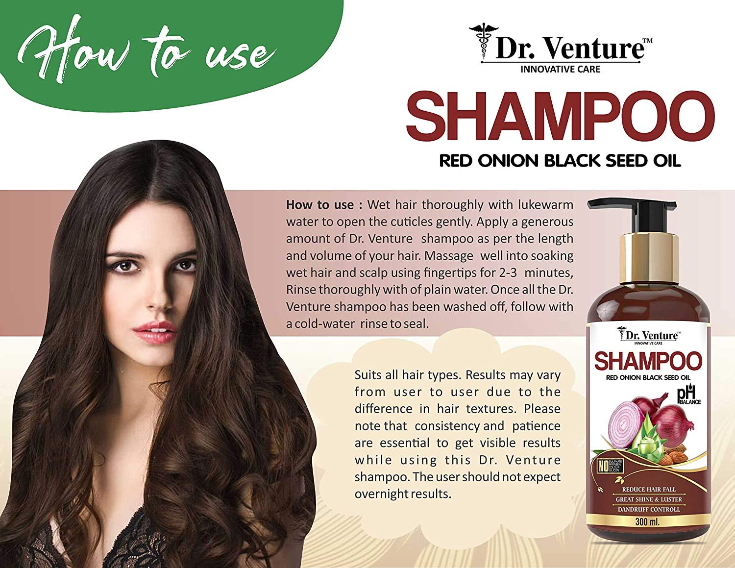 Dr. Venture Red Onion Shampoo With Red Onion Black Seed Oil Extract For Hair Growth, Hair Strengthening, Hairfall And Dandruff Control, No Paraben No Silicone No Sulphate No Colour 300 ml pack of 1 2
