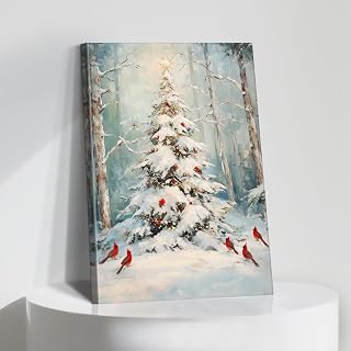 Vintage Christmas Tree Wall Art Canvas Red Cardinal Painting Rustic Winter Forest Print Picture Poster Holiday Decor for Living Room Home Ready to Hang(Chr-03,12"x18")