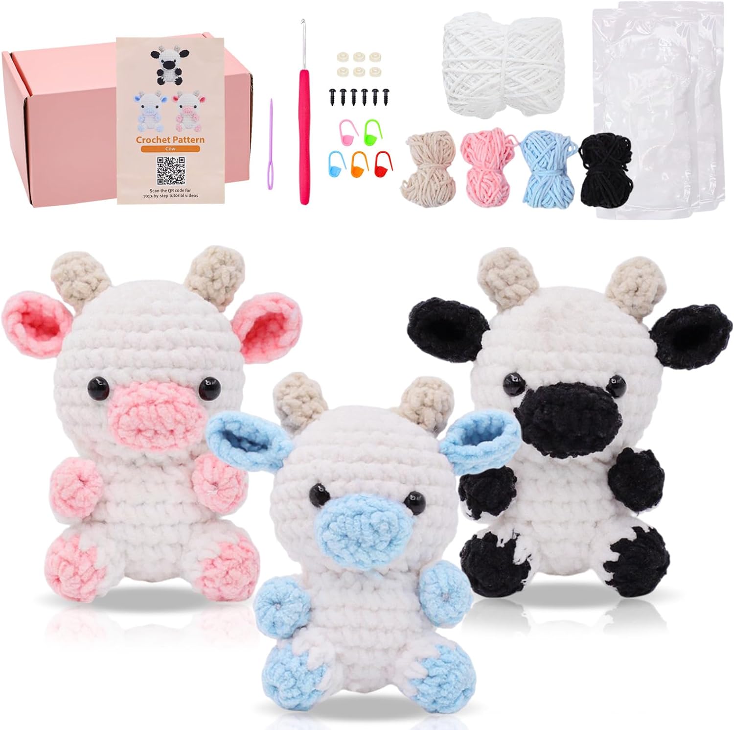 Crochet Starter Kit for Beginners, 3 Cute Animal Cow Pattern, Crochet Starter Kit Beginner for Adults Knitting Hooks and Yarn Set with Video Tutorial
