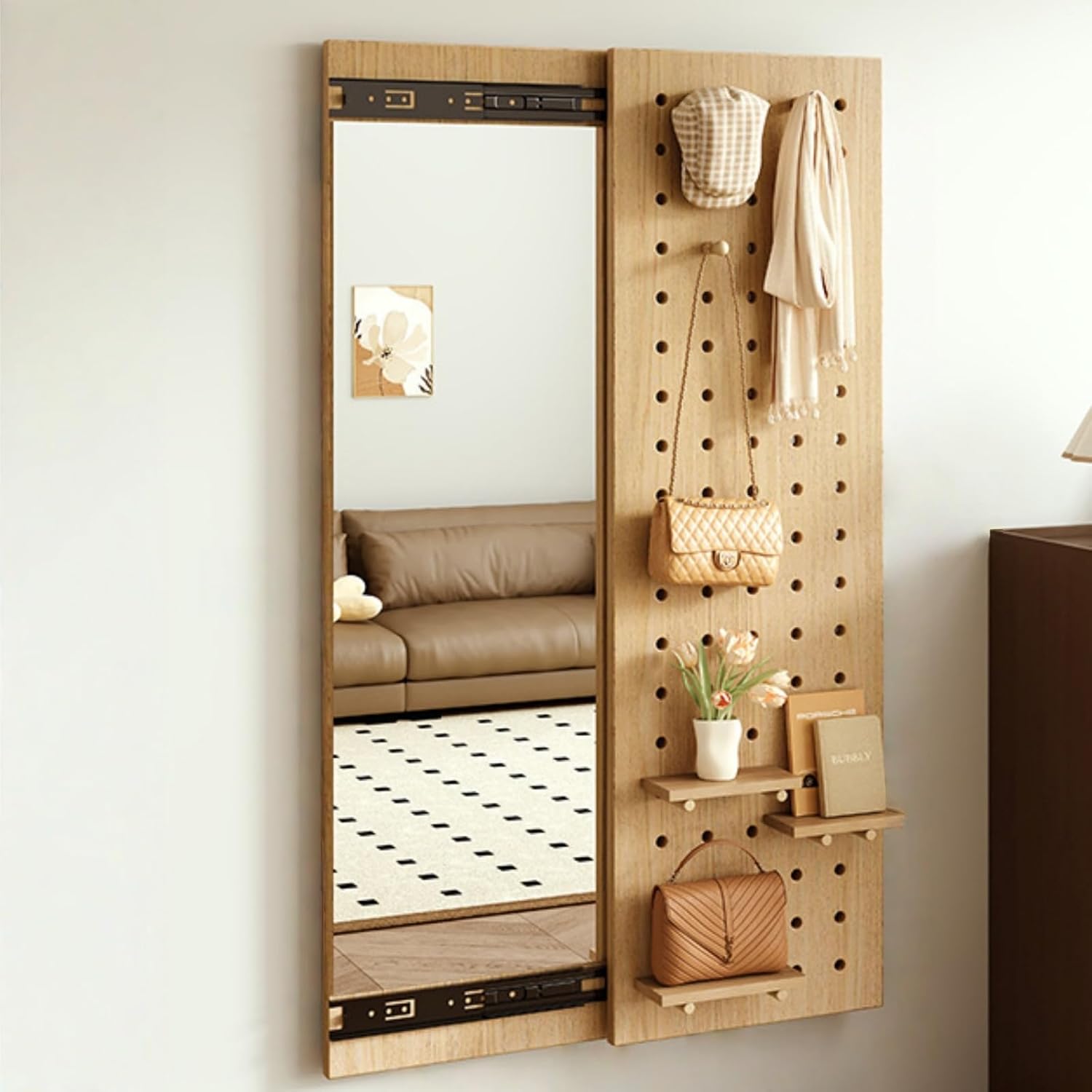 Tyoksiペグボード化粧鏡、隠し壁掛け玄関化粧鏡、無垢材のティアドロップ型フック、スライド式デザイン、丸みを帯びた角、飛散防止加工