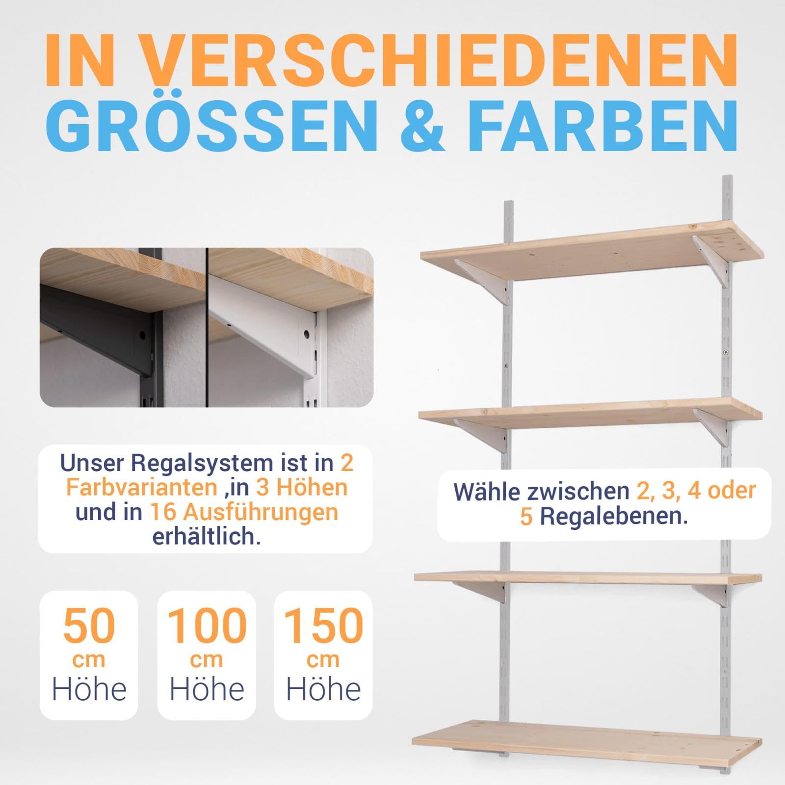 Wandregal Metall mit Boden · Regal in 50 Varianten · Höhe: 100 cm · 2 Ebenen in 80 x 20 cm (B x T) · Farbe: weiß · Wandschienen Regalsystem · Regalträger Schienensystem
