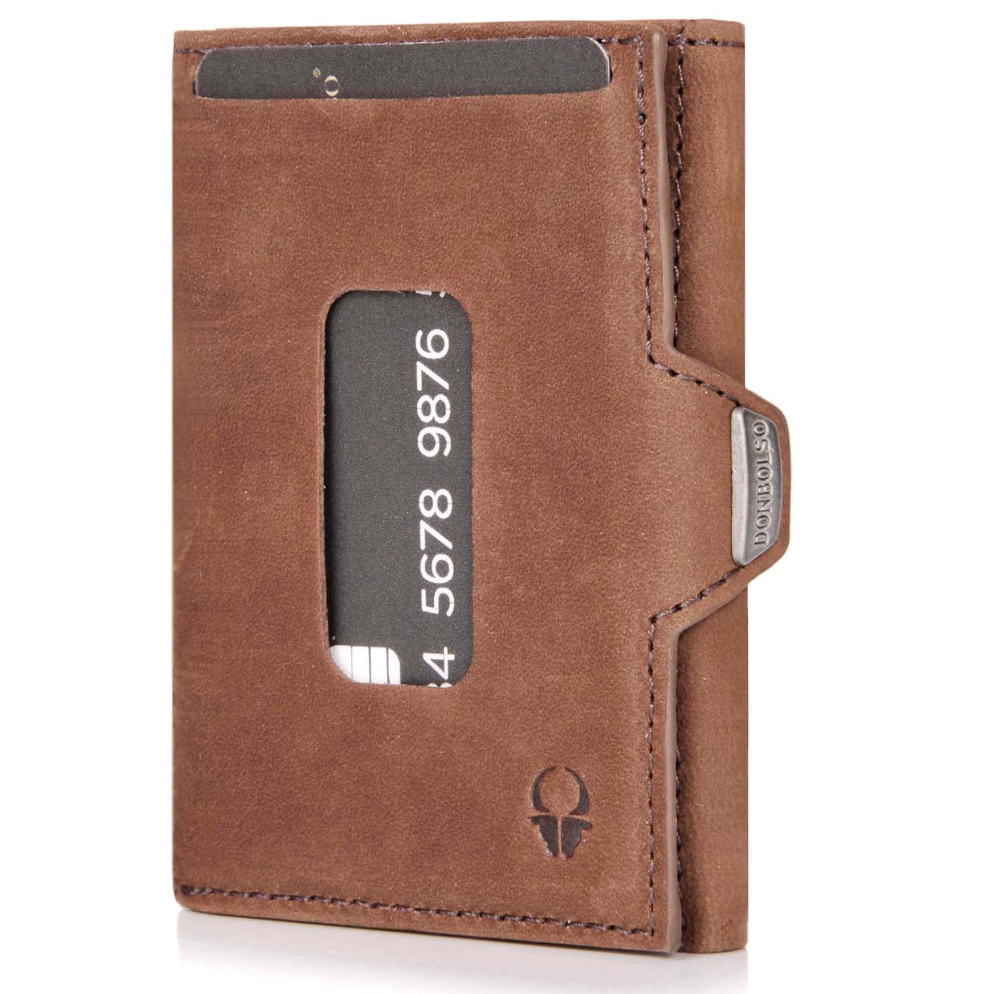 DONBOLSO Portafoglio XS | Portafoglio Uomo Slim senza Portamonete | Portafoglio Slim Uomo con Protezione RFID | Slim Portafoglio da Uomo e Donna | Vintage Marrone