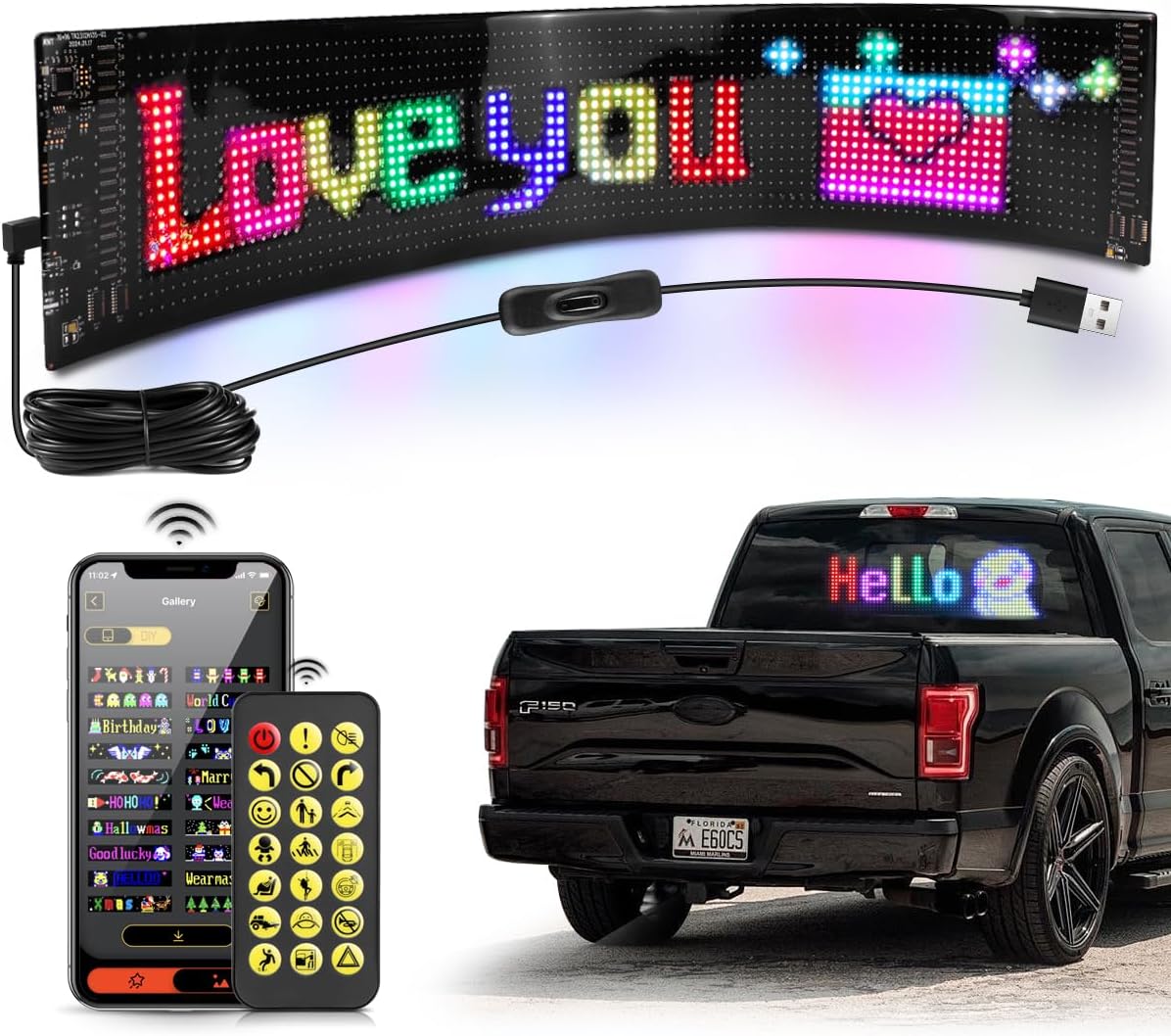 Led Sign for Car Window- 15x4'' Programmable LED Message Display for Car, USB 5V Scrolling Sign Custom Animations Text, Bluetooth APP Control Flexible LED Matrix Panel for Store Party Bar Festival
