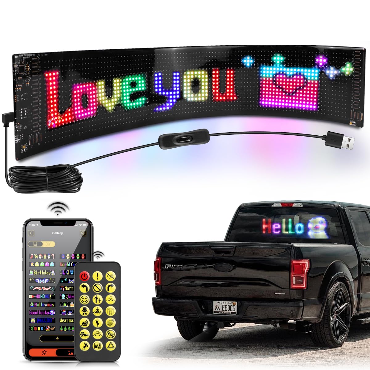 Led Sign for Car Window- 15x4'' Programmable LED Message Display for Car, USB 5V Scrolling Sign Custom Animations Text, Bluetooth APP Control Flexible