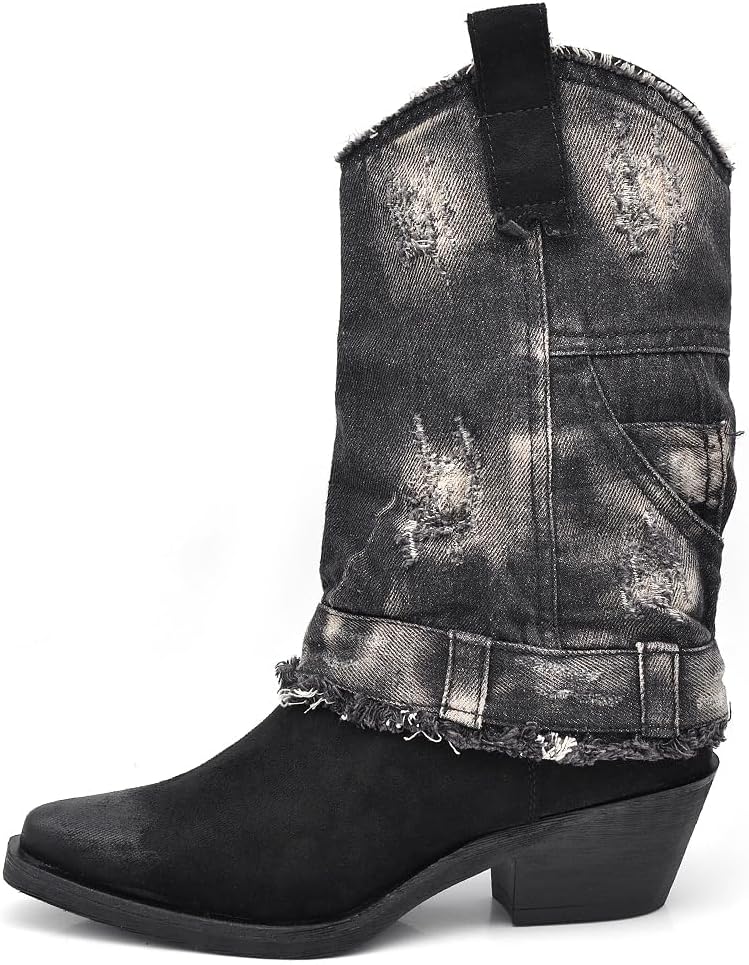 Stivaletti Texani Donna Con Ghette Jeans - Stivali Altezza Polpaccio In Camoscio Sintetico