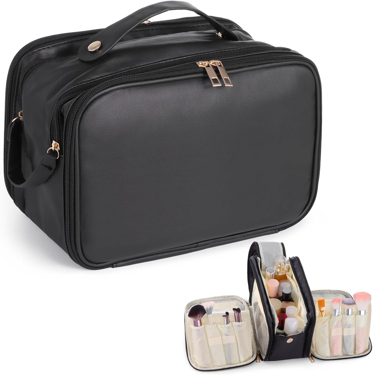 Black Travel Makeup Bag for Women - Large Capacity Cosmetic Organizer, Multi-Layer Toiletry Bag with Handle, Waterproof PU Leather Portable Makeup Zippered Case with Standing Brush Holder - Image 3