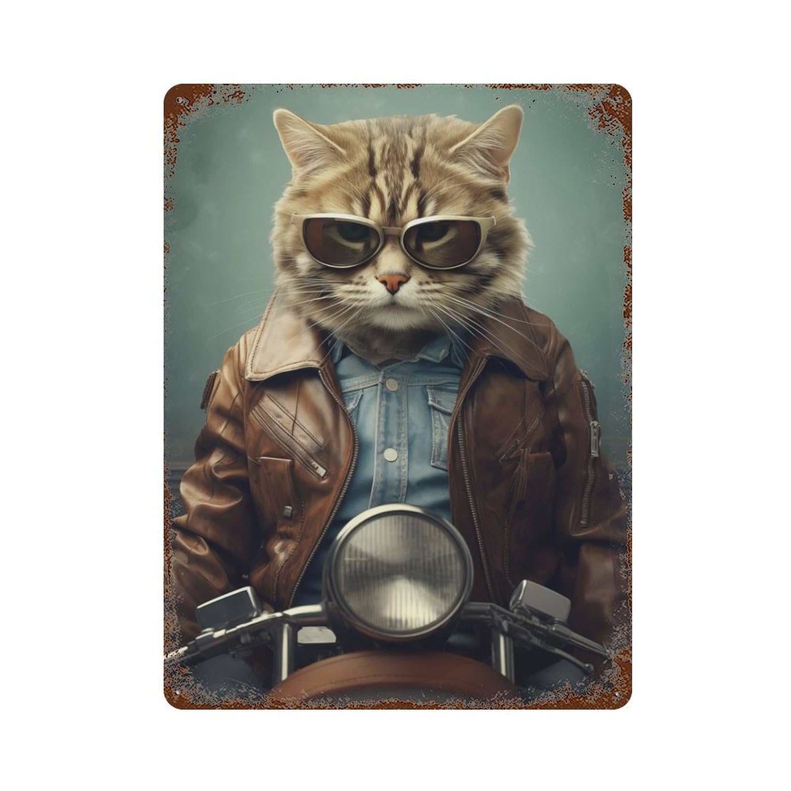 Cat Biker Funny Animal Rusty Metal Tin Sign 15.7"x11.8", for Pub, Kitchen And Man Cave Decor, Farmhouse Wall Decor