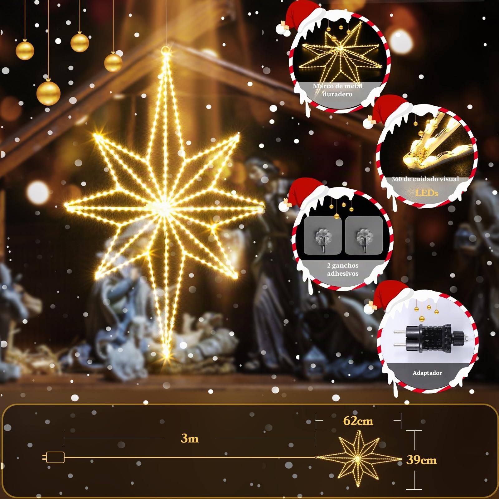 Quntis 62CM Luces de Navidad Exterior Estrella con Enchufe, 360 LED Superbrillantes Cortina de Luces Navidad Ventana Decorativas con Gancho, Blanco Cálido Luz de Ventana para Decoración Navideña