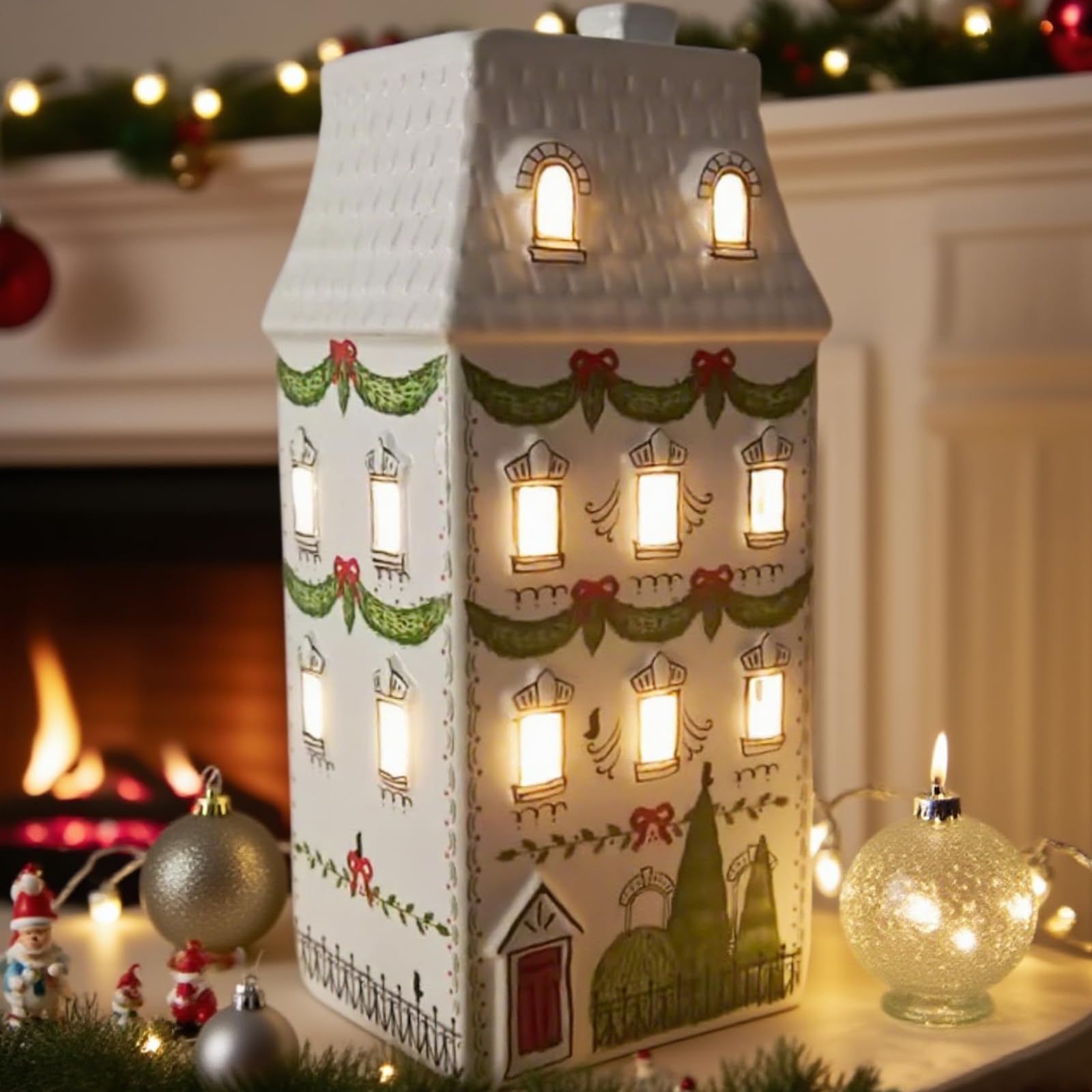 Cynkeyee Weihnachtsdorfhäuser, Party-Dekorationen, Weihnachtshaus-Dekoration, weiße Keramik-Dekorationen, Innenregal, Tischdekoration, 10,2 x 8,9 x 21,6 cm