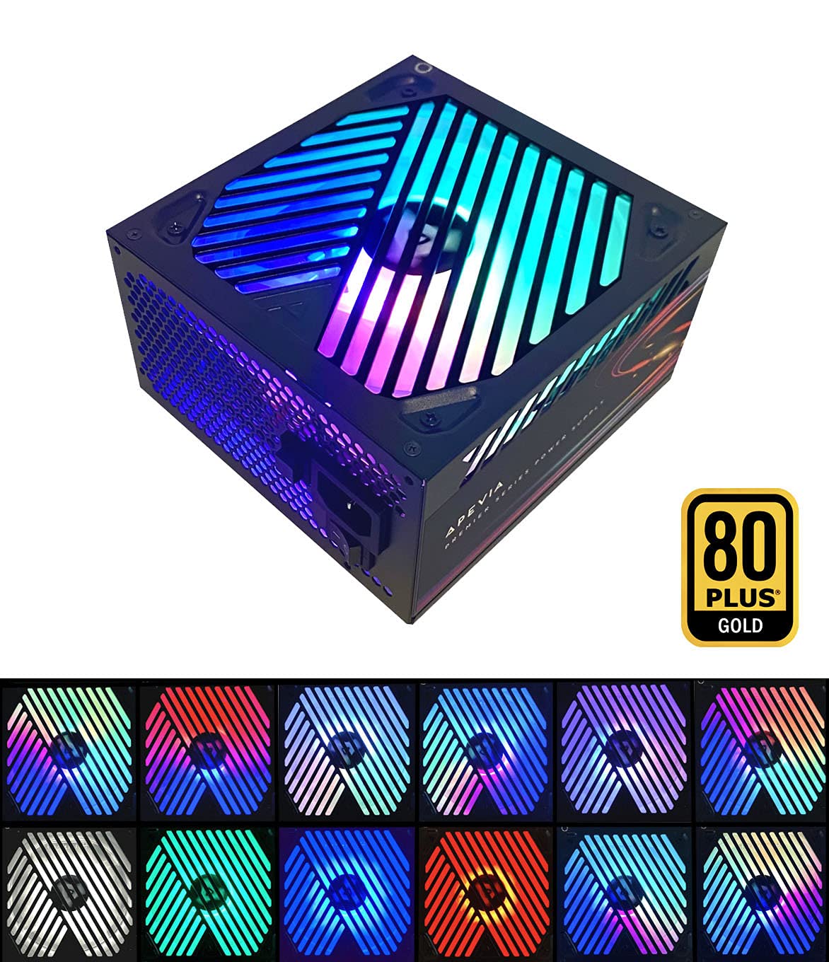 APEVIA ATX-PM650W Premier 650W 80+ Gold Certified Active PFC ATX Semi-modular Fuente de alimentación para juegos con 366 modos de luz RGB