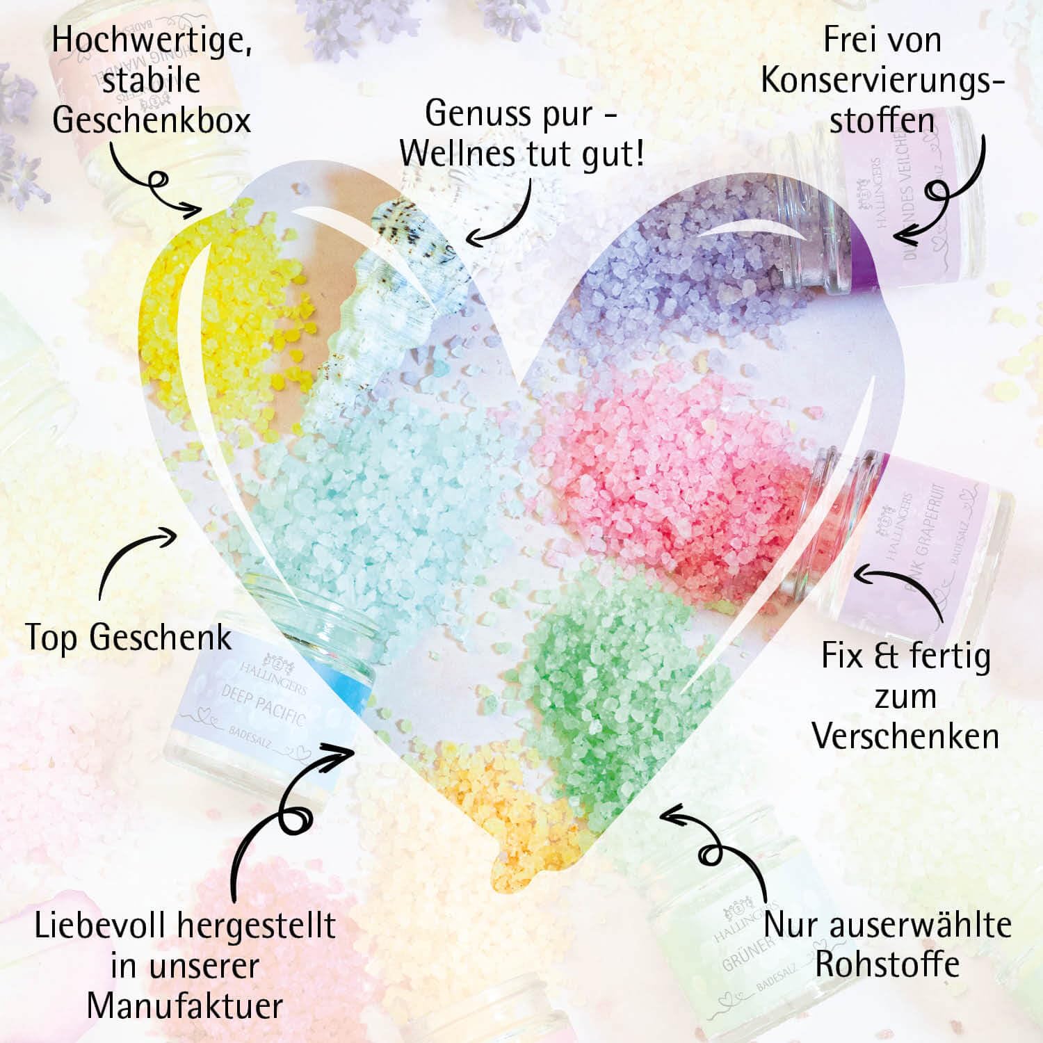 Hallingers Genuss Manufaktur Badesalze Weihnachts-Geschenk-Set - 24x Badezusatz mit Totes Meer Badesalz edle Geschenkbox, Badekristalle Fußbad & Spa "Frohe Weihnacht...", Weihnachten für Frauen Männer