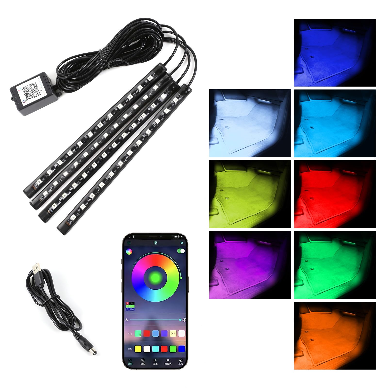 Car Led Interior Lights, 48 LED Multi Color Strip Light Under Dash Lighting Kit with APP Control, 12V Vehicle RGB Smart Music Sync Color Change Lights, Car Accessories (USB+APP)