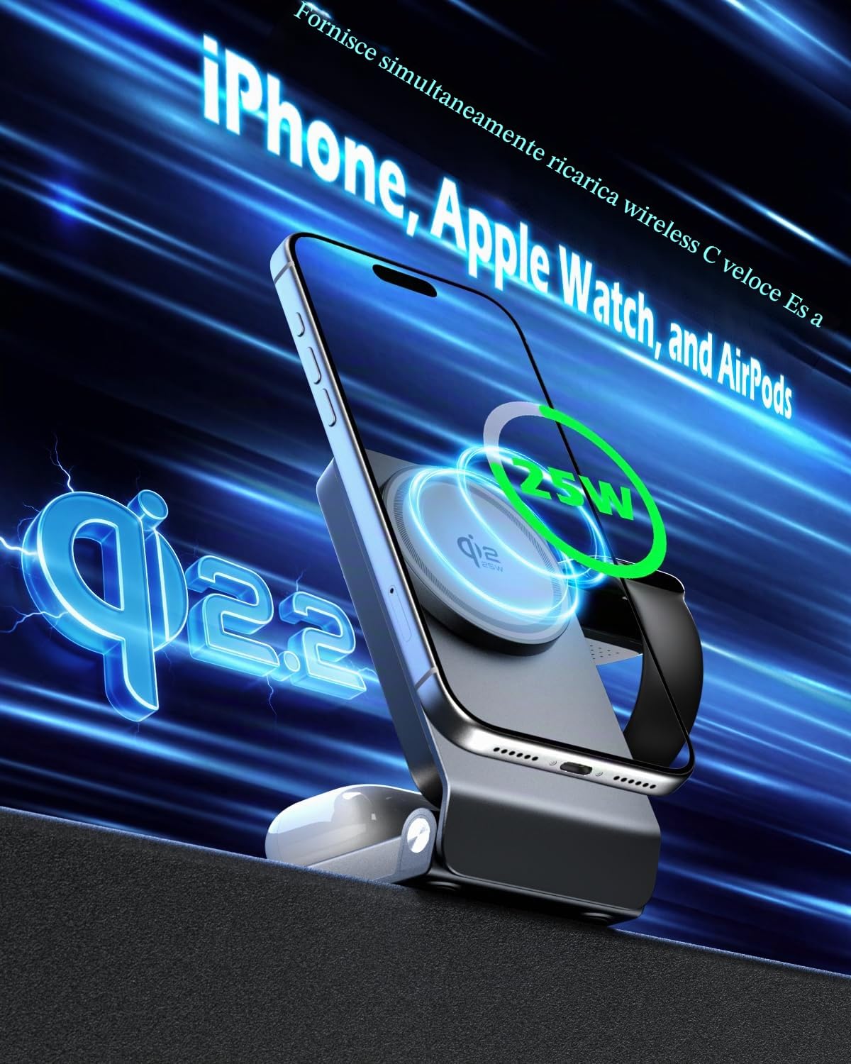 CloudValley 3 in 1 Stazione di Ricarica per iPhone AirPods e Apple Watch, Qi 2.2 25 W Ricarica Wireless Rapida, Dissipazione Attiva del Calore, Robusto e Durevole, Compatibile con MagSafe, Portatile