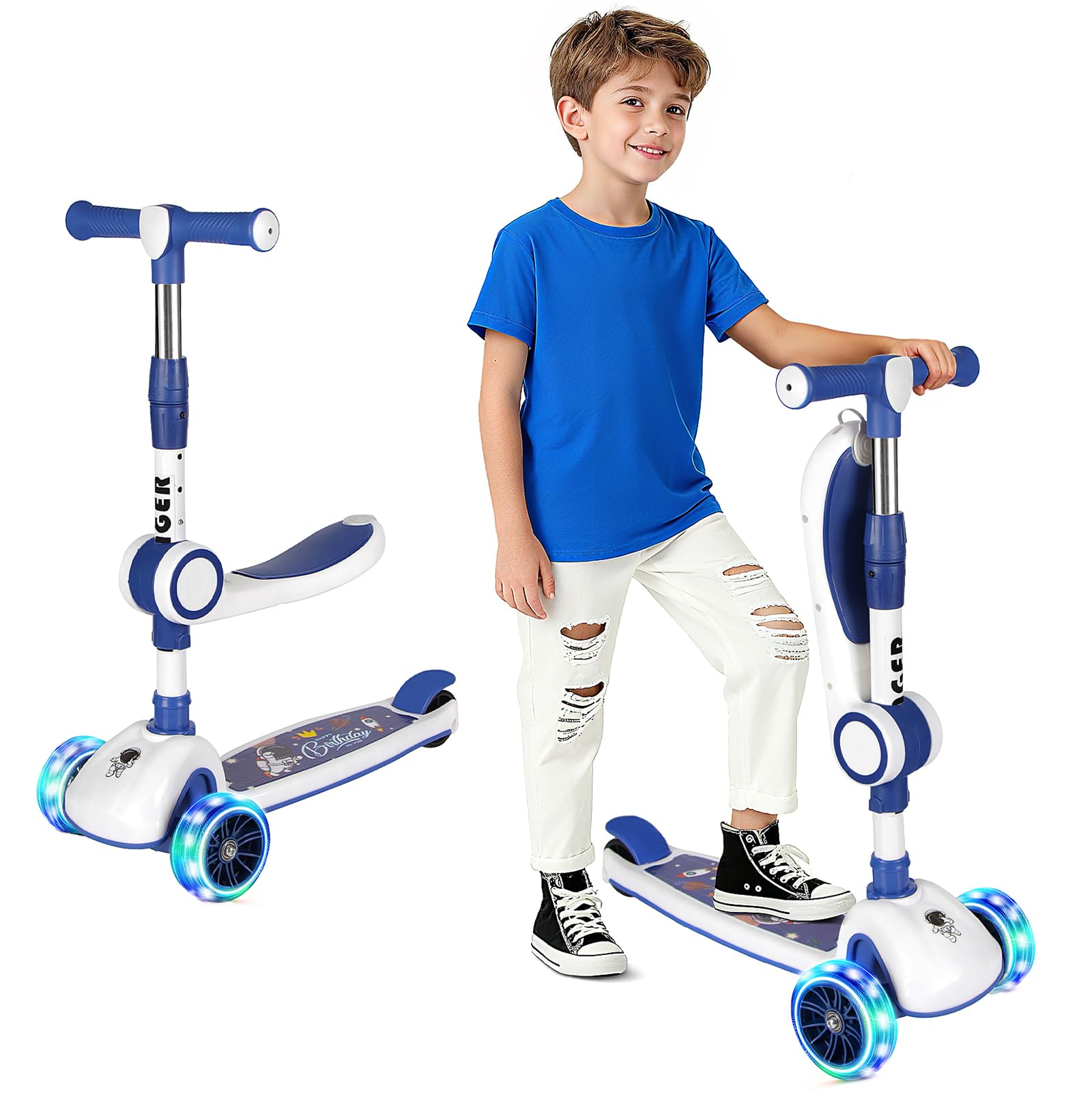 Patinete para Niños-Patinete de 3 Ruedas Niños Asiento Extraíble, Plegable Patinete Niños con 4 Altura Ajustable, Scooter Niño con Rueda Luminosa Scooter Infantil Niño para Niñas 3-8 Años