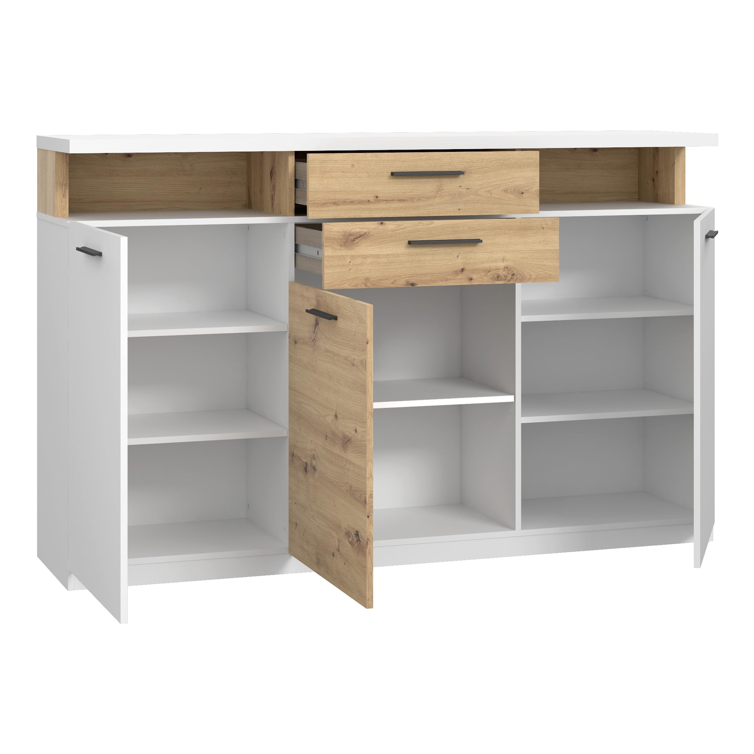 Forte WOY Sideboard 170, modernes Sideboard mit Ablage-Aufsatz, 3-türig, 2 Schubladen, Wohnzimmer, Flur, Holzwerkstoff, Weiß mit Artisaneiche Holzdekor, 169,6 cm breit x 106,5 cm hoch x 42 cm tief