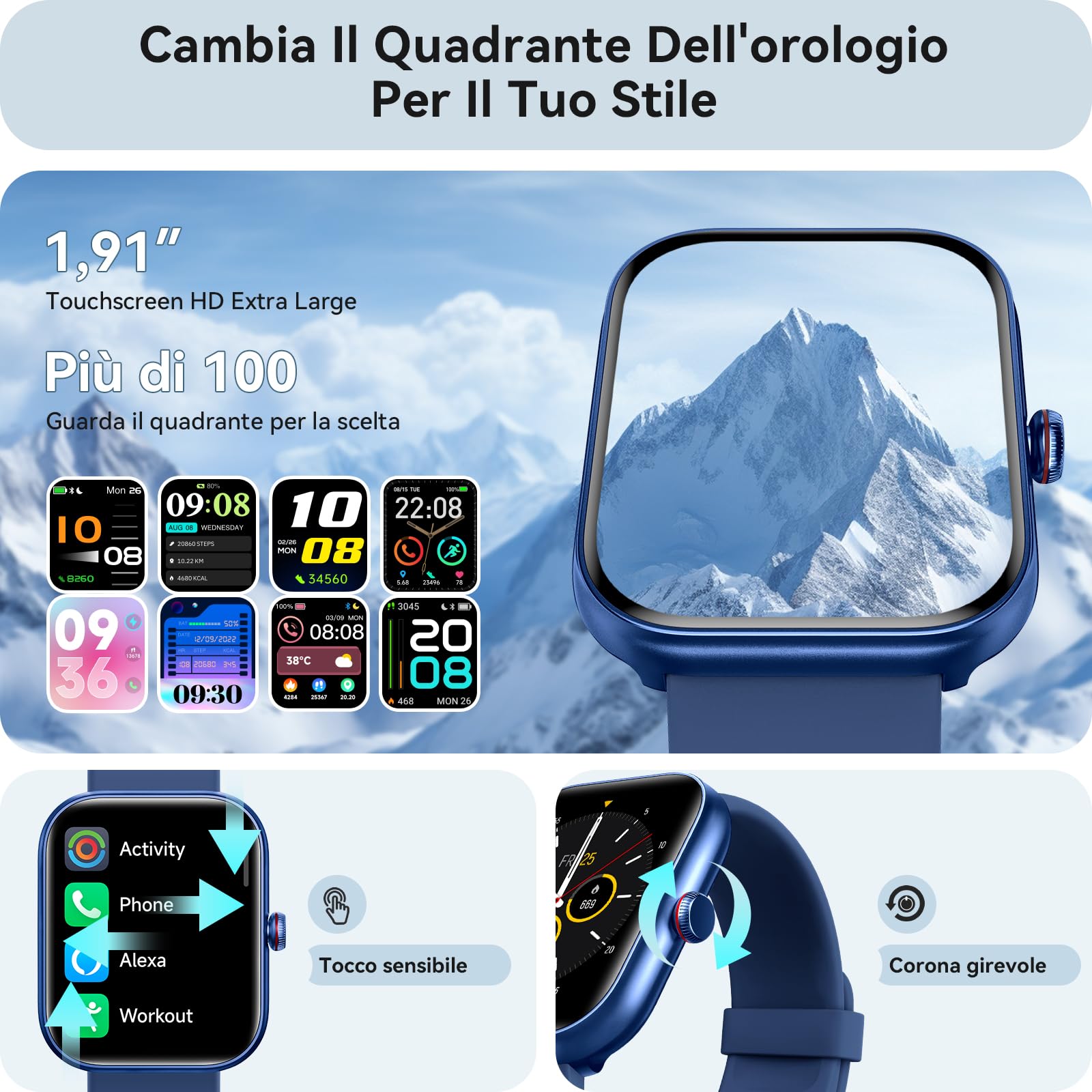 Orologio Smartwatch Uomo- 1.91" Smartwatch con Chiamata Bluetooth e Alexa, 24H Sonno Cardiofrequenzimetro Spo2, 120 Modalità Sport, Impermeabile IP68 Sportivo Digitale Contapassi Uomo per Android iOS