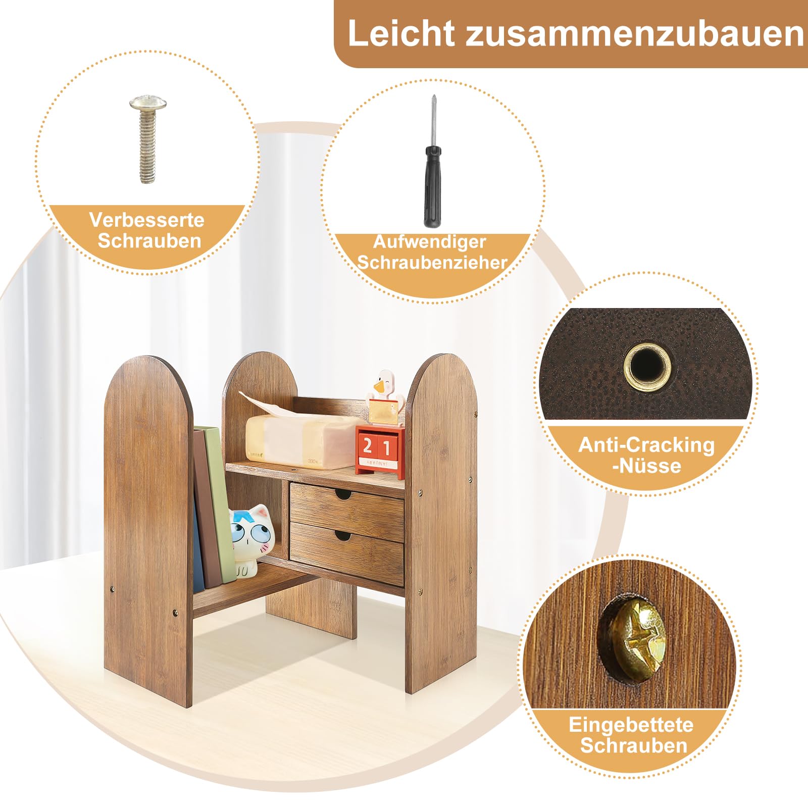 GUUSII HOME Bücherregal Klein Holz Schreibtischregal Verstellbare Tisch Regal Schreibtisch Organizer Ausbaufähig für Bücher Bürobedarf Büro Schreibtischaufsatz Bambus Tischregal Küche (Braun)