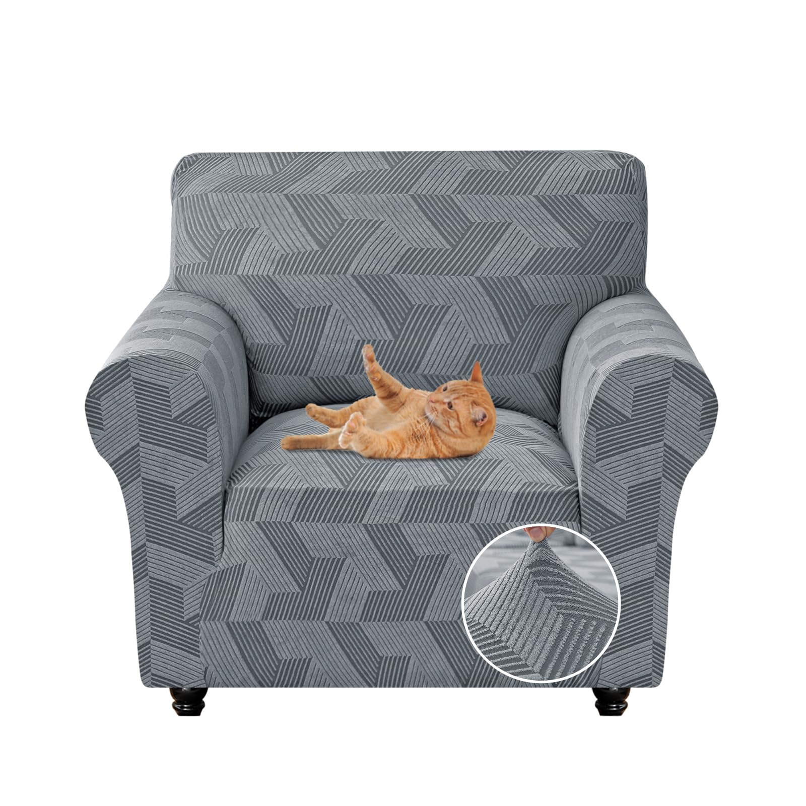 XINEAGE Stretch Sofa Covers 1 Seater, 1 Piece Couch Covers with Non Slip Design, Soft Chair Covers, Washable Sofa Slipcovers for Dog, Pets Feature Geometrical Jacquard Fabric (Chair, Light Grey)