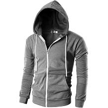 Ohoo Mens Slim Fit Zip Up Hoodie Cotton Blend Soft Fabric Basic Layering Comfy Jacket with Hidden Smart Pocket / DCF002-DEEPGREY-XL