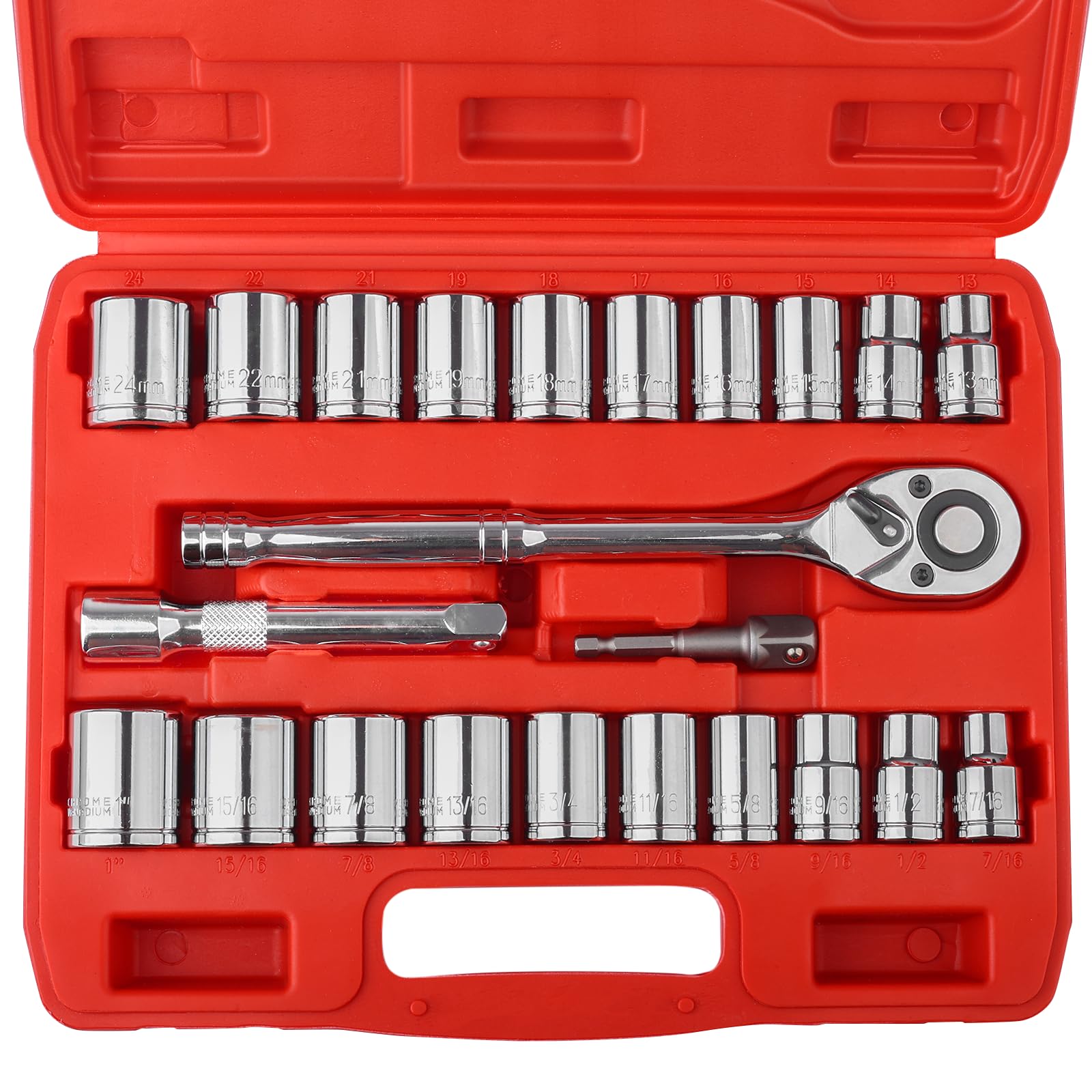 EGOFINE 1/2" Drive Socket Set, 23 Piece Standard SAE (7/16 to 1 inch) and Metric (13-19, 21, 22, 24mm) 6 Point, with Quick Release Ratchet, Extension Bars, Drive Drill Adapter — image 1