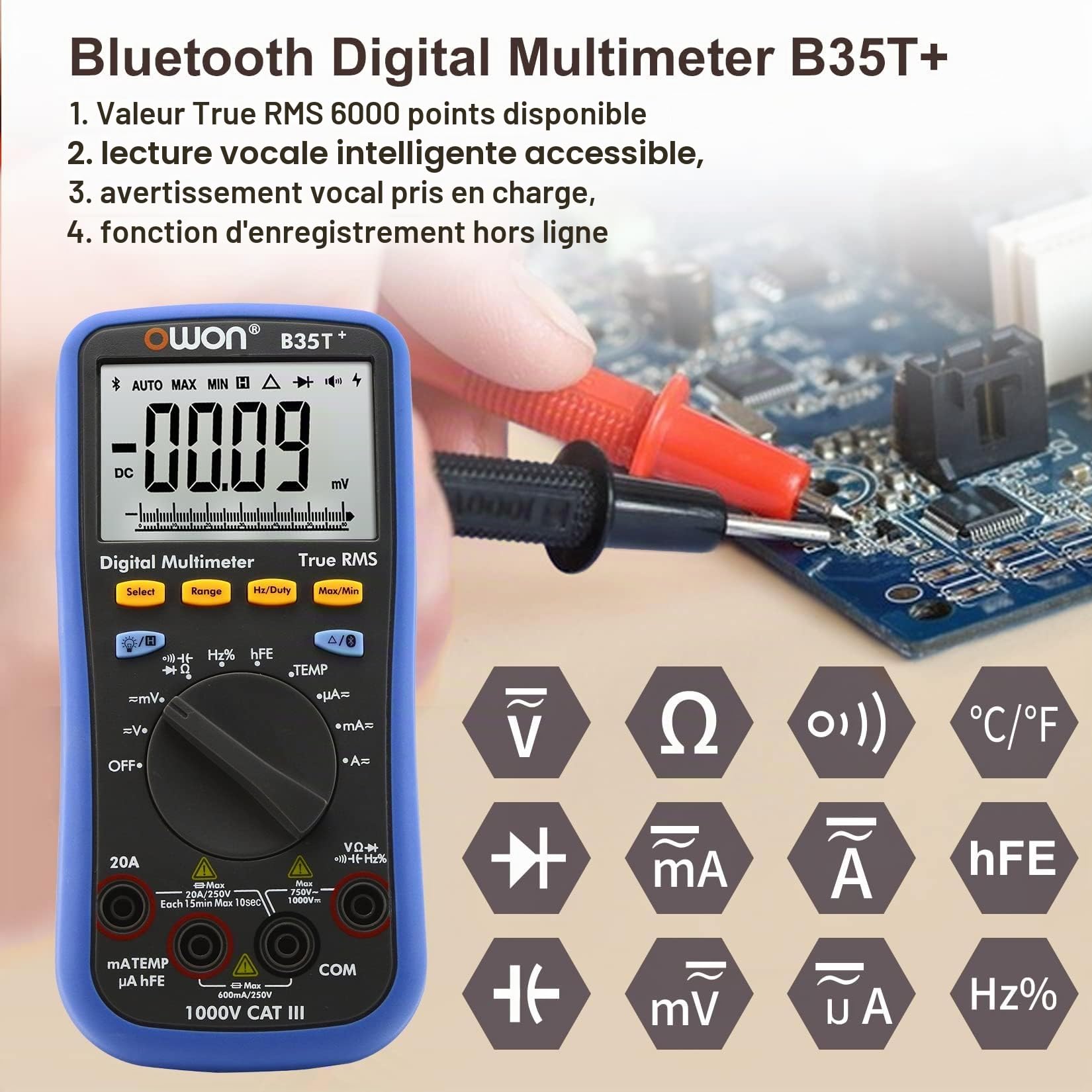 OWON B35T+ Multimètre numérique Bluetooth, 6000 comptages multimètres, Voltmètre Ampèremètre Ohmmètre Vérificateur de circuit avec fils de test LCD rétro-éclairés, Enregistreur de données T-Rms NCV